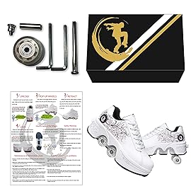 Double-Row Deform Wheel Automatic Walking Shoes Invisible Deformation Roller Skate 2 in 1 Removable Pulley Skates Skating Parkour (White Black Powder, US 7.5)