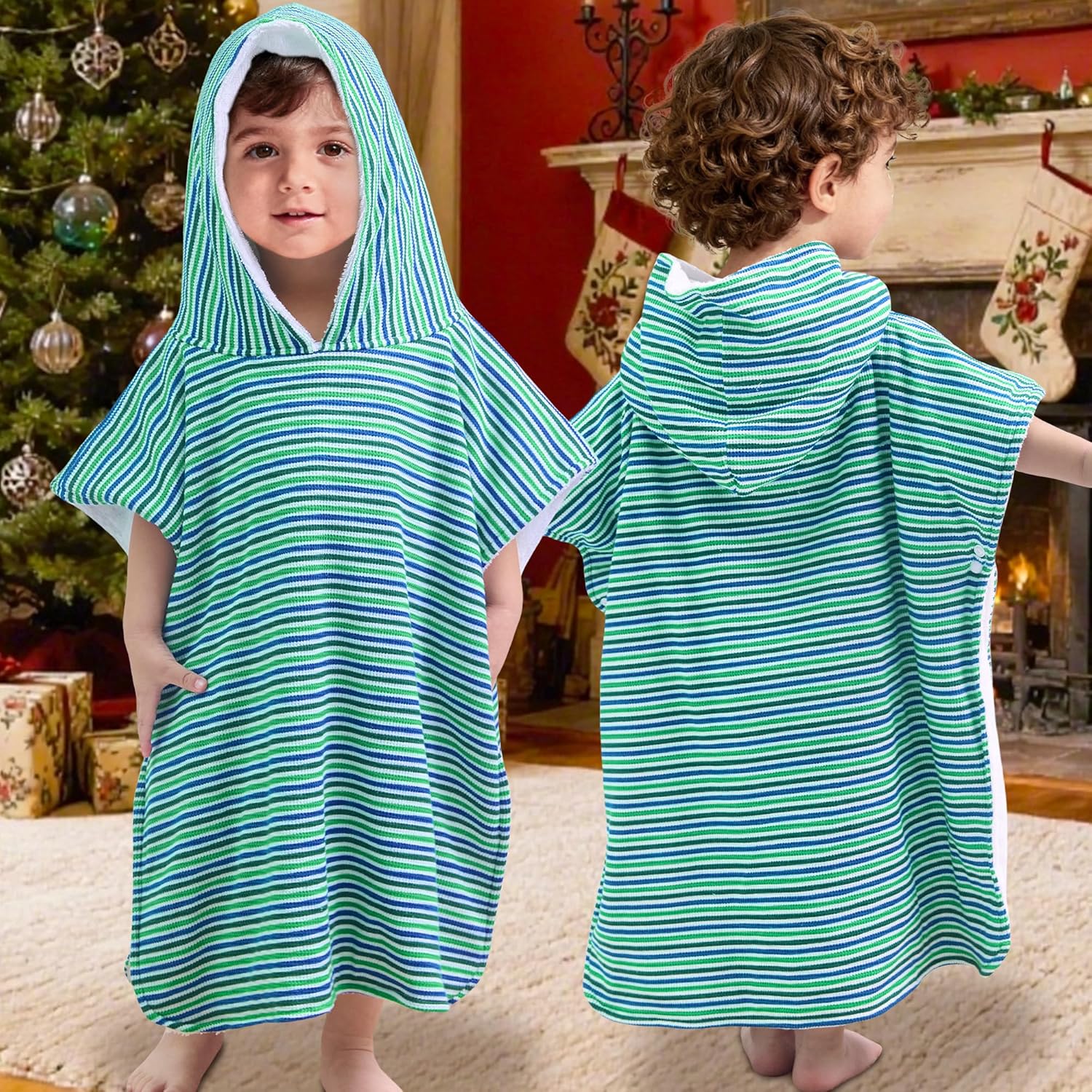 VOOVA & MOVAS Double-Layered Baby Hooded Towel Poncho (2-4 Years, 20x21 Inches) | Ultra Soft & Absorbent Cotton | Thick Toddler Bath Towel for Swimming, Beach, Shower & Winter,Green Stripe