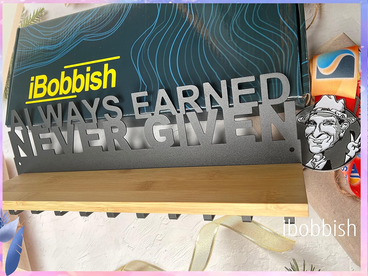 iBobbish Premium Trophy and Medal Display Shelf,Metal Trophy Shelf with Hooks Upgraded,Trophy Display,Sturdy Trophy Shelf with Hooks for Medals in Black Metal Wall Mount Medals Packed Gift