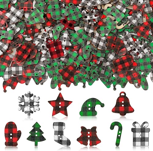 Miniatura 9 de JUNEBRUSHS 260 unidades Botones de madera de cuadro Buffalo de Navidad, 4 agujeros, redondos, para costura, botones de madera para calcetines Rojo