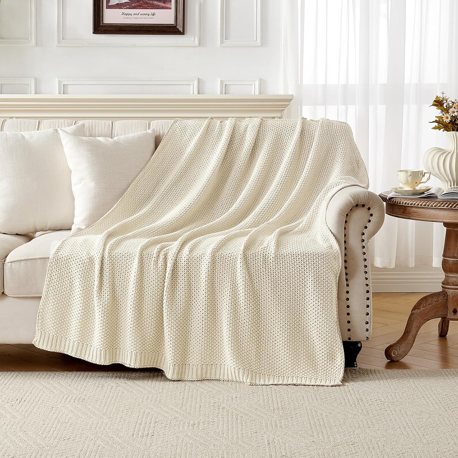 Joydeco Chunky Cable Knit Throw Blanket, Lightweight 100% Cotton Soft Cozy Throw Twin Blanket for Couch Bed and Sofa, Rustic Breathable Farmhouse Blanket Gift for Women Men(Cream White, 51"x63") - Image 2