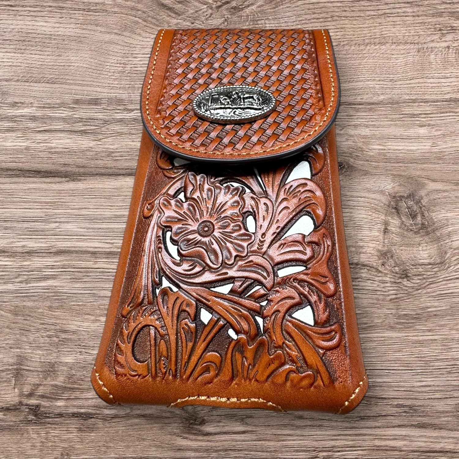 XXL Western Leather Phone Holster – Laser Cut Floral & Basket Weave – Cowboy Praying at Cross Concho – Oversized Belt Clip Case