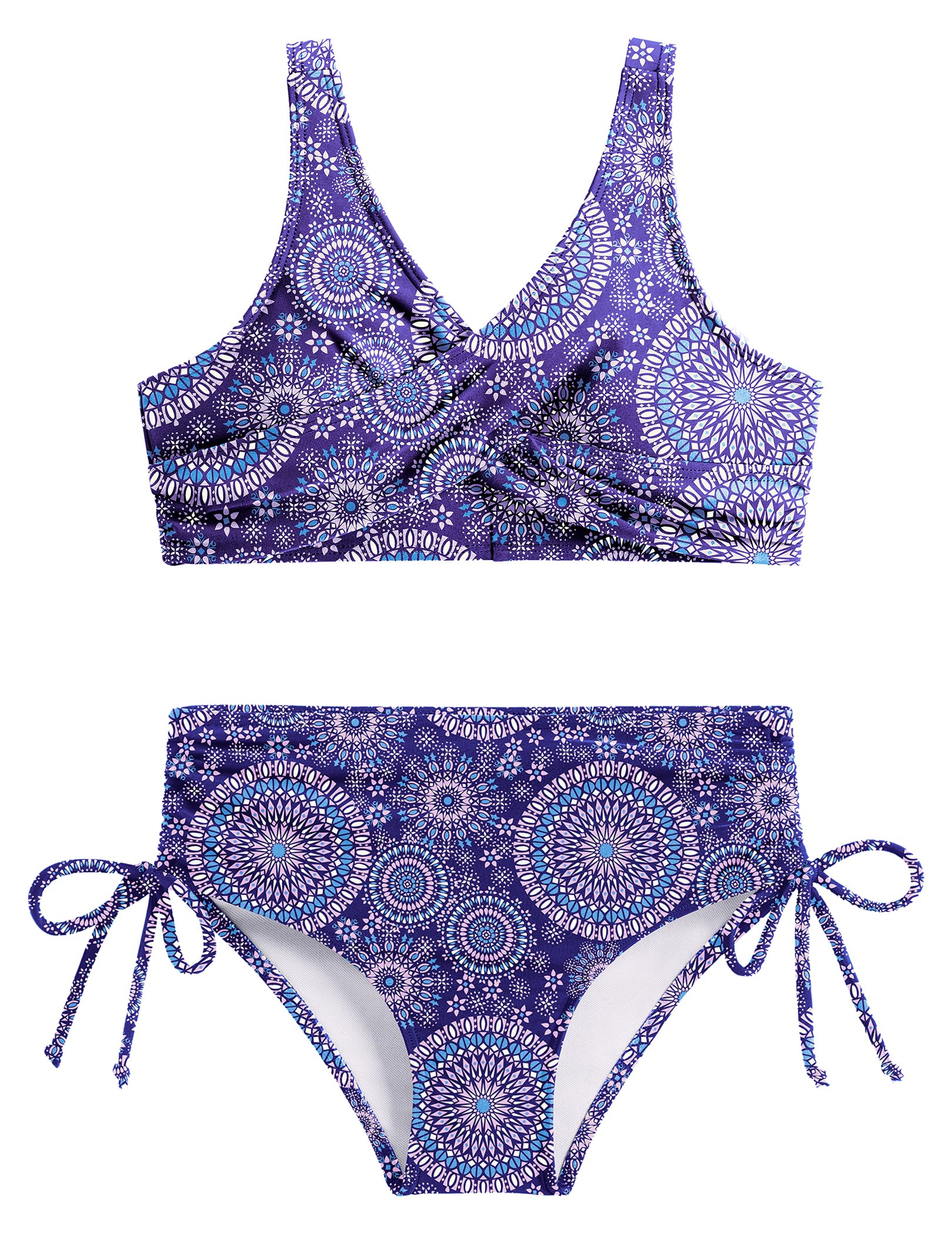 Arshiner Mädchen Bikini Set V-Ausschnitt Wickeloptik Tankini Hohe Taille Bikinihose mit Kordelzug Kinder Meerjungfrau Leoparden Badeanzug Zweiteiliger Bademode 7-16 Jahre
