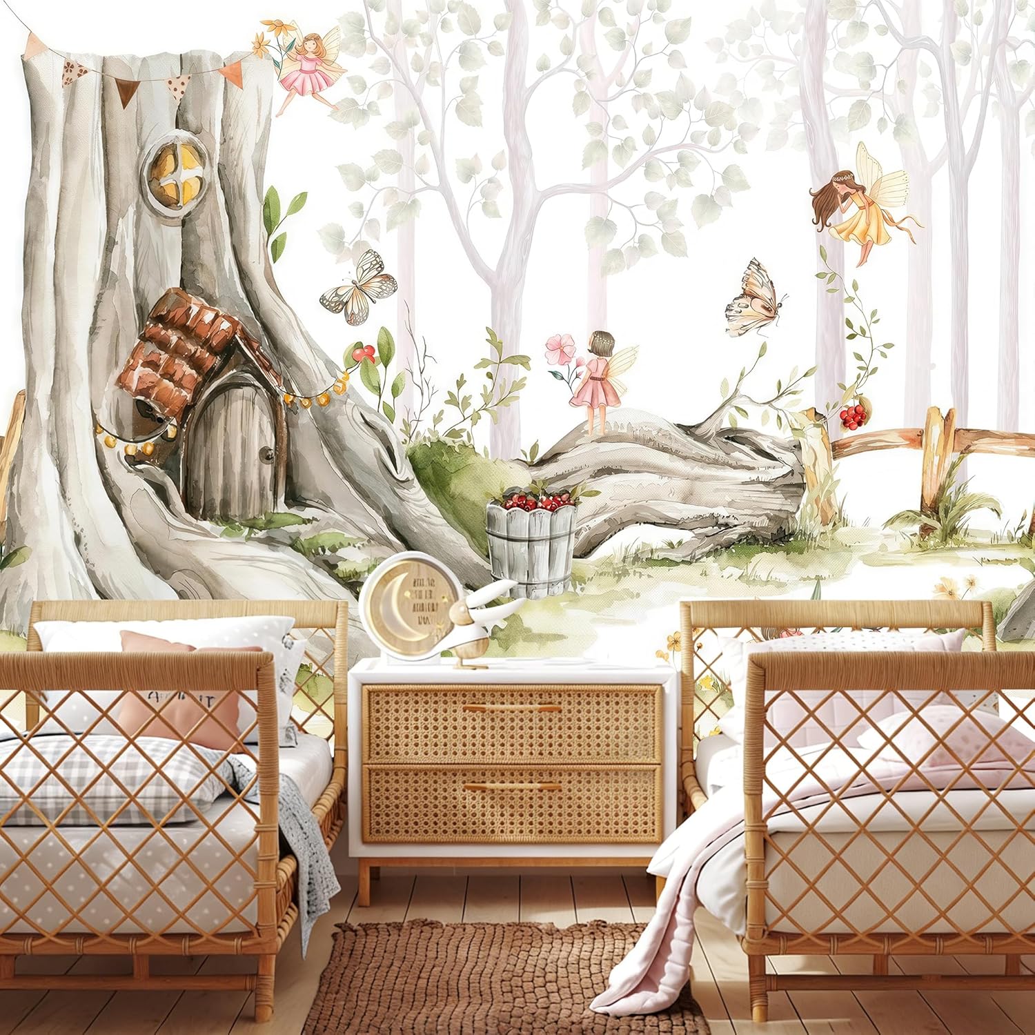 Self Adhesive Nursery Wallpaper Watercolor Tree Forest Woodland Wall Mural for Girls Bedroom Living Room