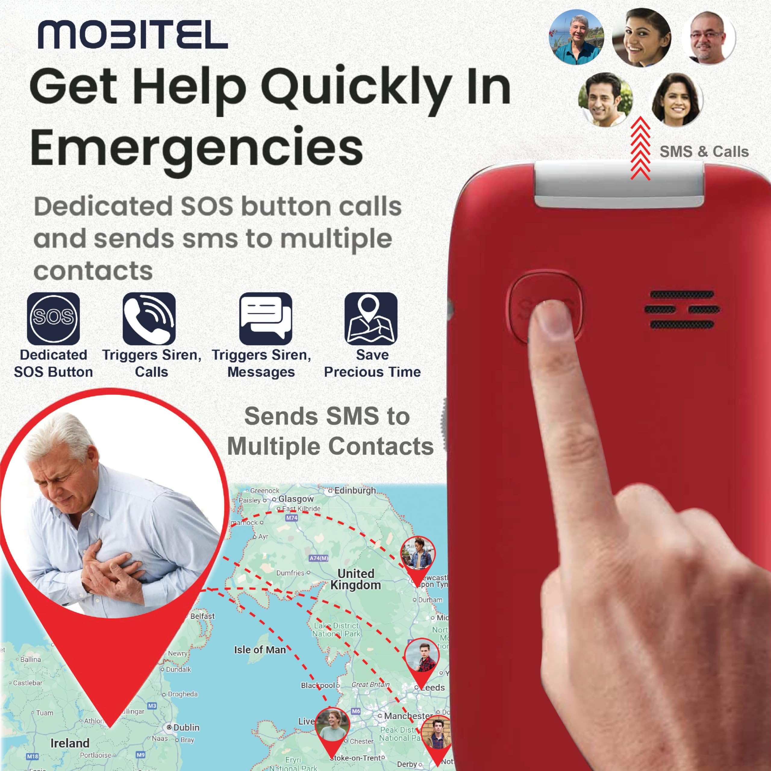 Mobitel 8010 - Teléfono móvil para personas mayores con botón grande para ancianos, 4G, SIM, desbloqueado, botón de emergencia SOS, 1400 mAh, larga espera, altavoz fuerte fácil de usar, base de carga