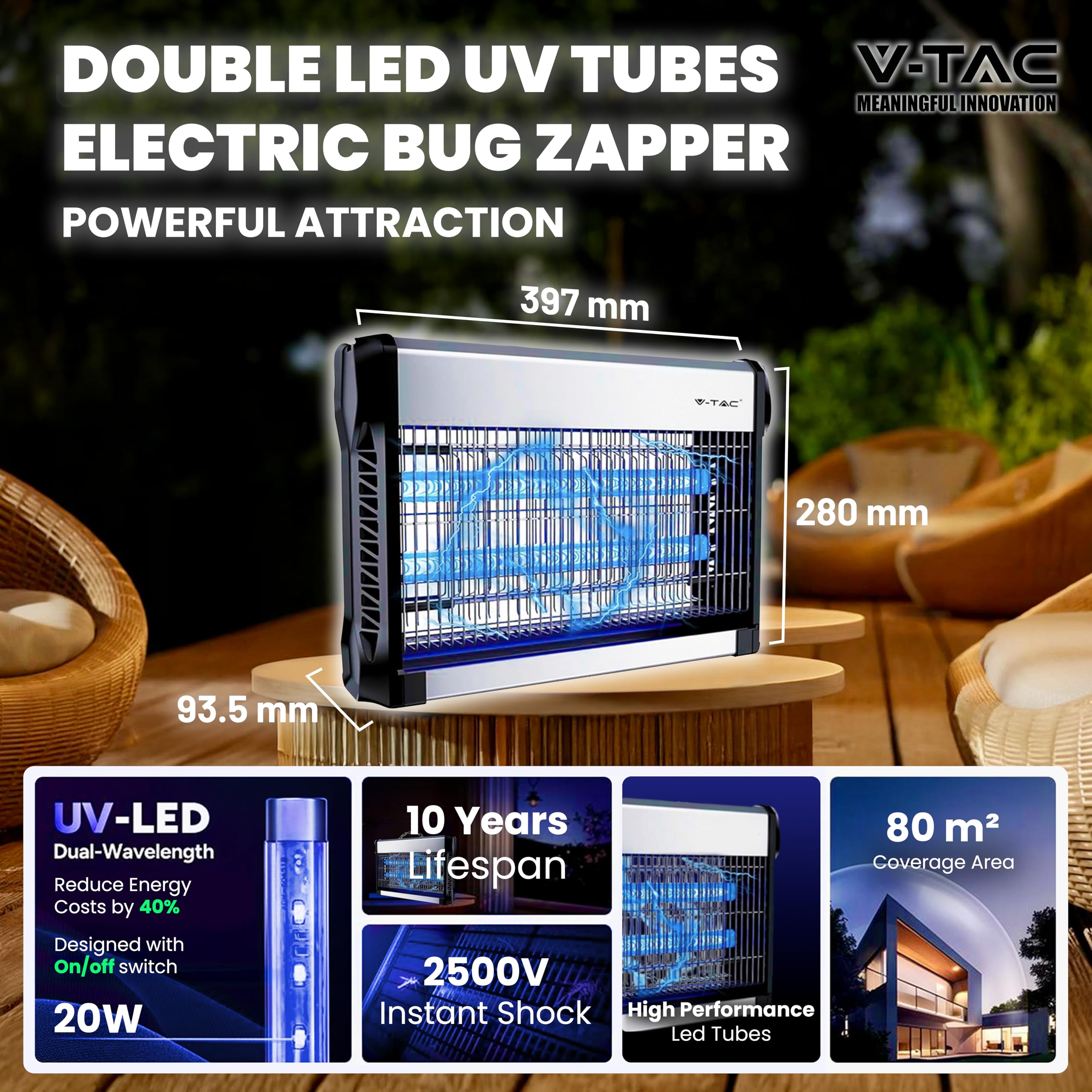 V-TAC 11180-A Zanzariera Elettrica 20W con Area di Azione 80 m², con Luce Blu UV per Uso Interno ed Esterno, Alluminio