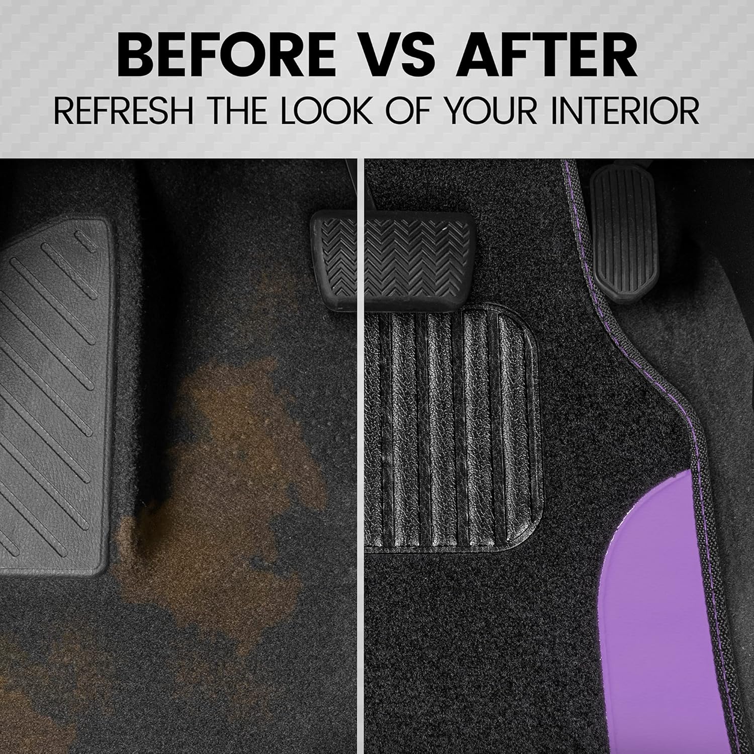 BDK Two-Tone Carpet Car Floor Mats with Faux Leather Accents, Automotive Floor Mat Set with Built-in Heel Pad, Stylish Interior Car Accessories (Purple) (Pack of 2)