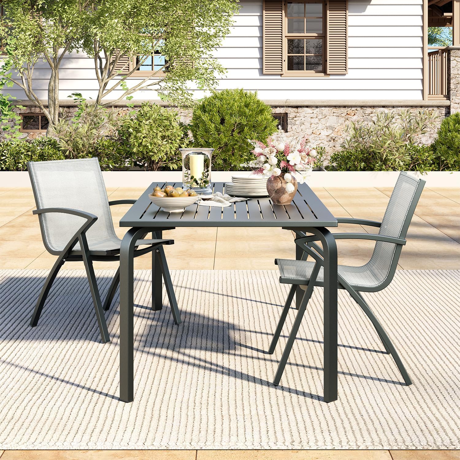 IDEALHOUSE 71" Modern Outdoor Dining Table with Umbrella Hole - Aluminum Patio Table, Weatherproof & Rust-Proof Design for Restaurants, Backyards, Poolside Gray