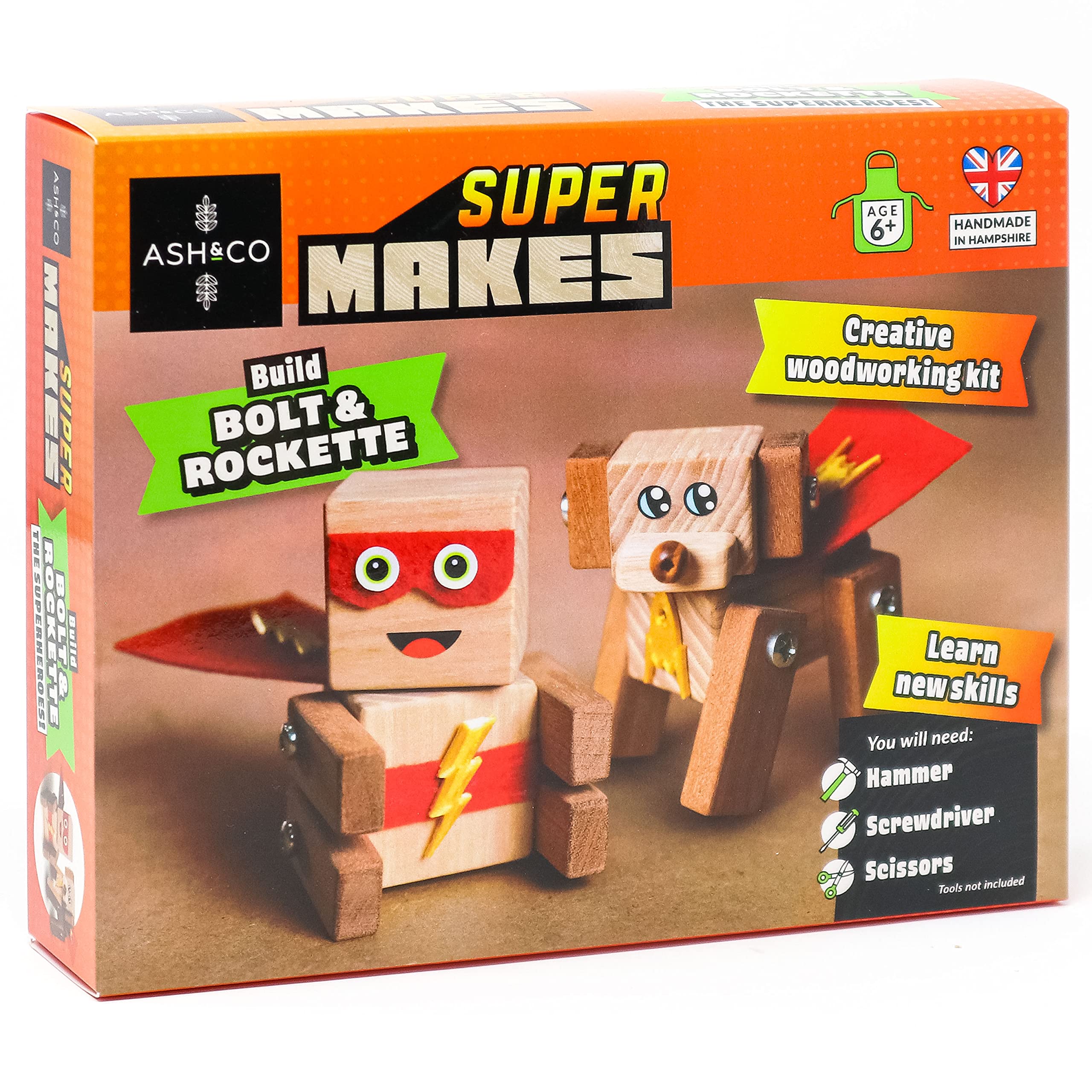 Ash & Co Super Makes Build a Wooden Superhero | Woodwork Kit for Kids | Fun Craft kit for Boys and Girls Age 6+ (Bolt & Rockette The Superheroes)