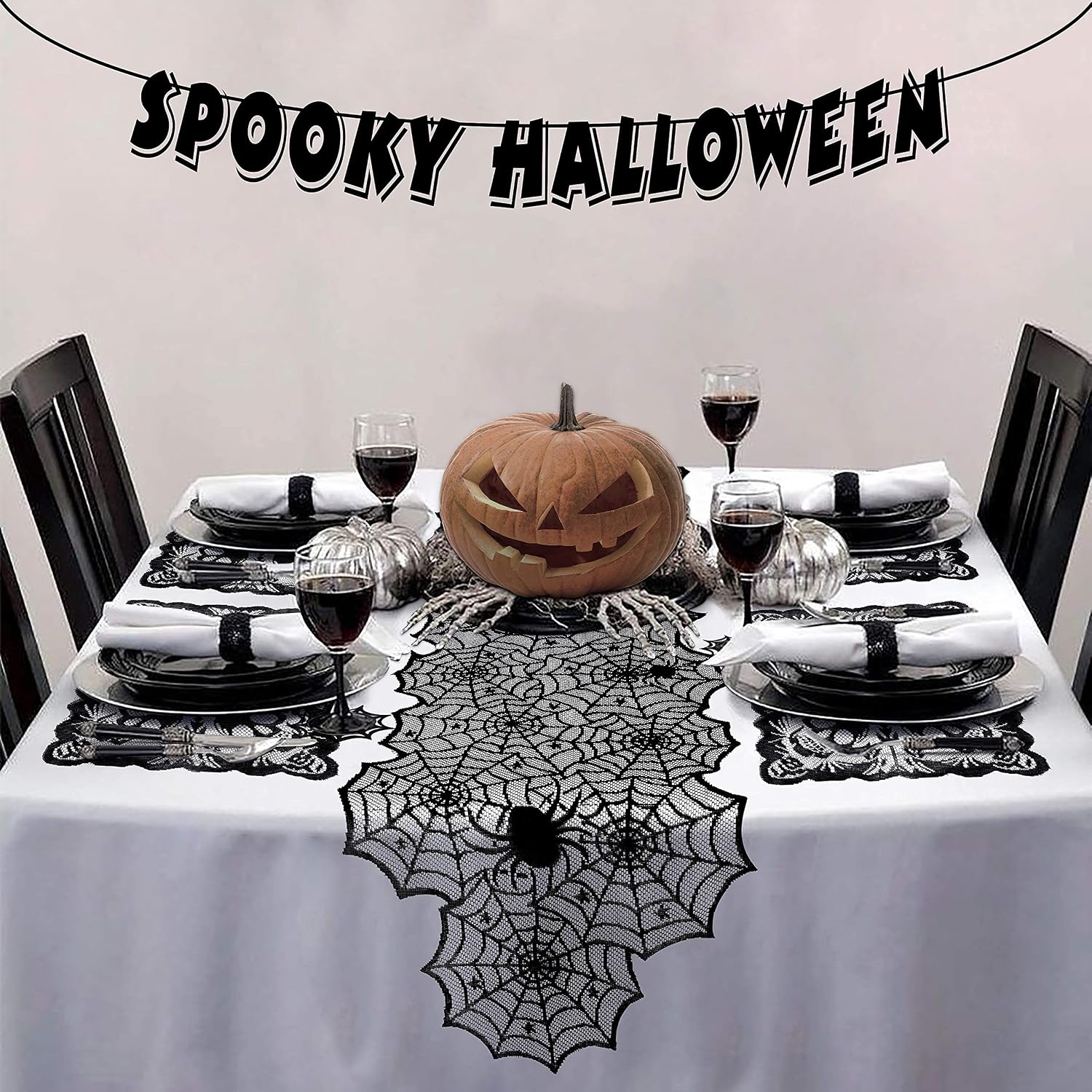 8PCS Halloween Decorations Indoor - Spider Web Table Runner + Skull Placemats + Fireplace Mantel Scarf + Spiderweb Cobweb Lampshade with 60 Scary 3D Bat Stickers- Desk Hallowmas Decor Party Supplies