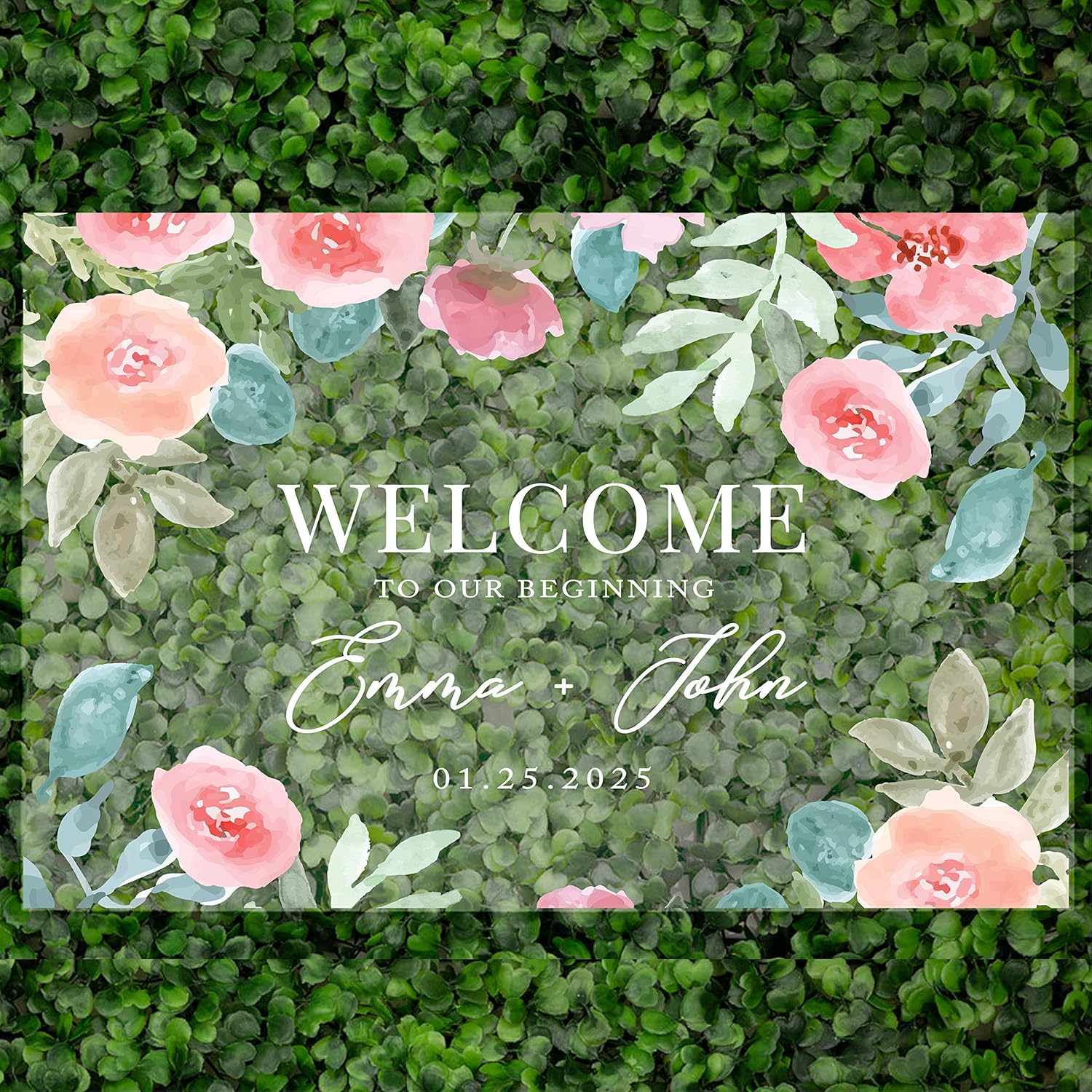 Andaz Press Custom Large Wedding Acrylic Sign, 16 x 24 Inches, Watercolor Pink Floral Roses, Personalized Sign, Welcome Sign For Floral Theme Events