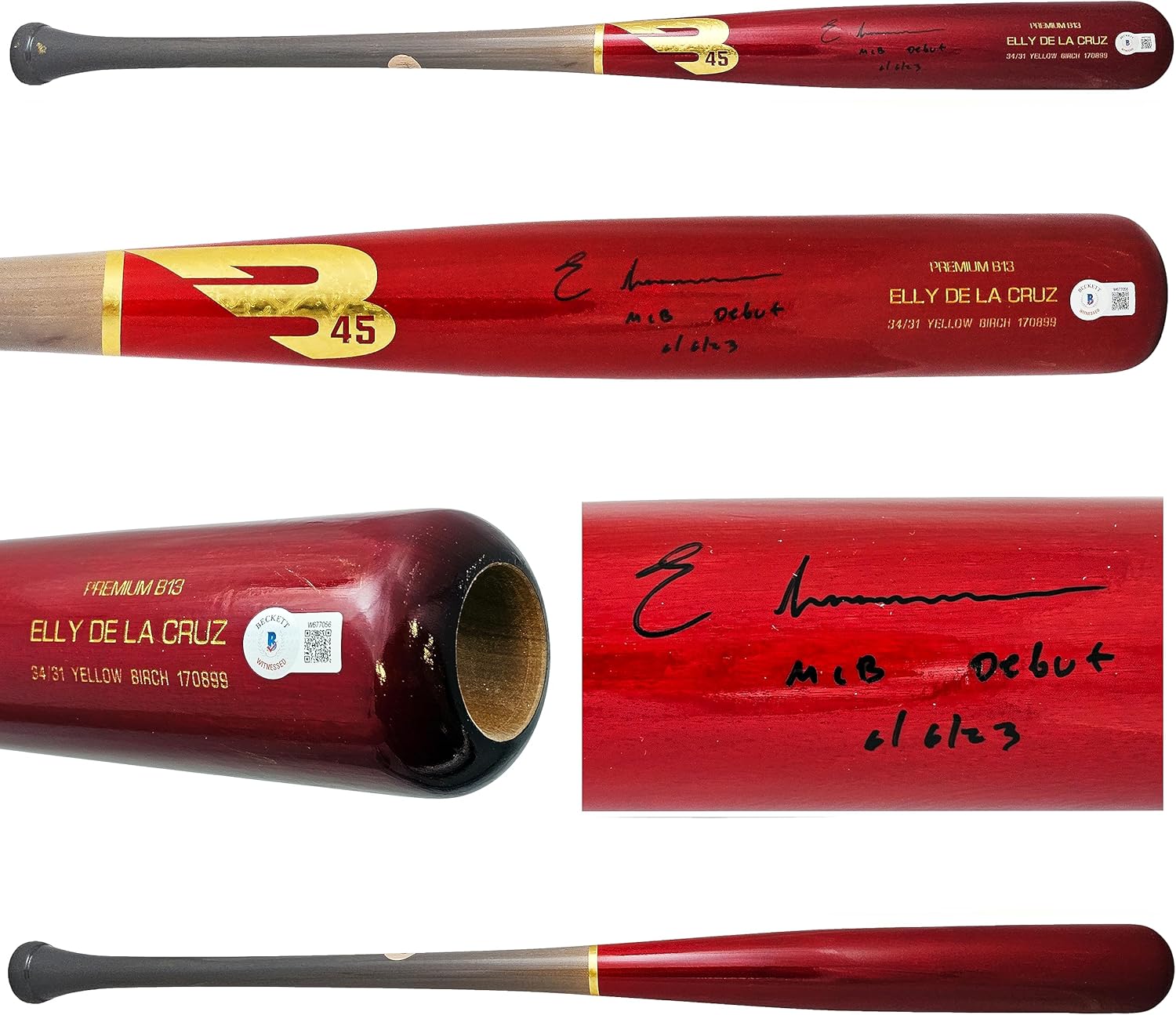 Elly De La Cruz Autographed Red Player Model Bat Reds "M.L.B Debut 6/6/23" Beckett BAS Witness