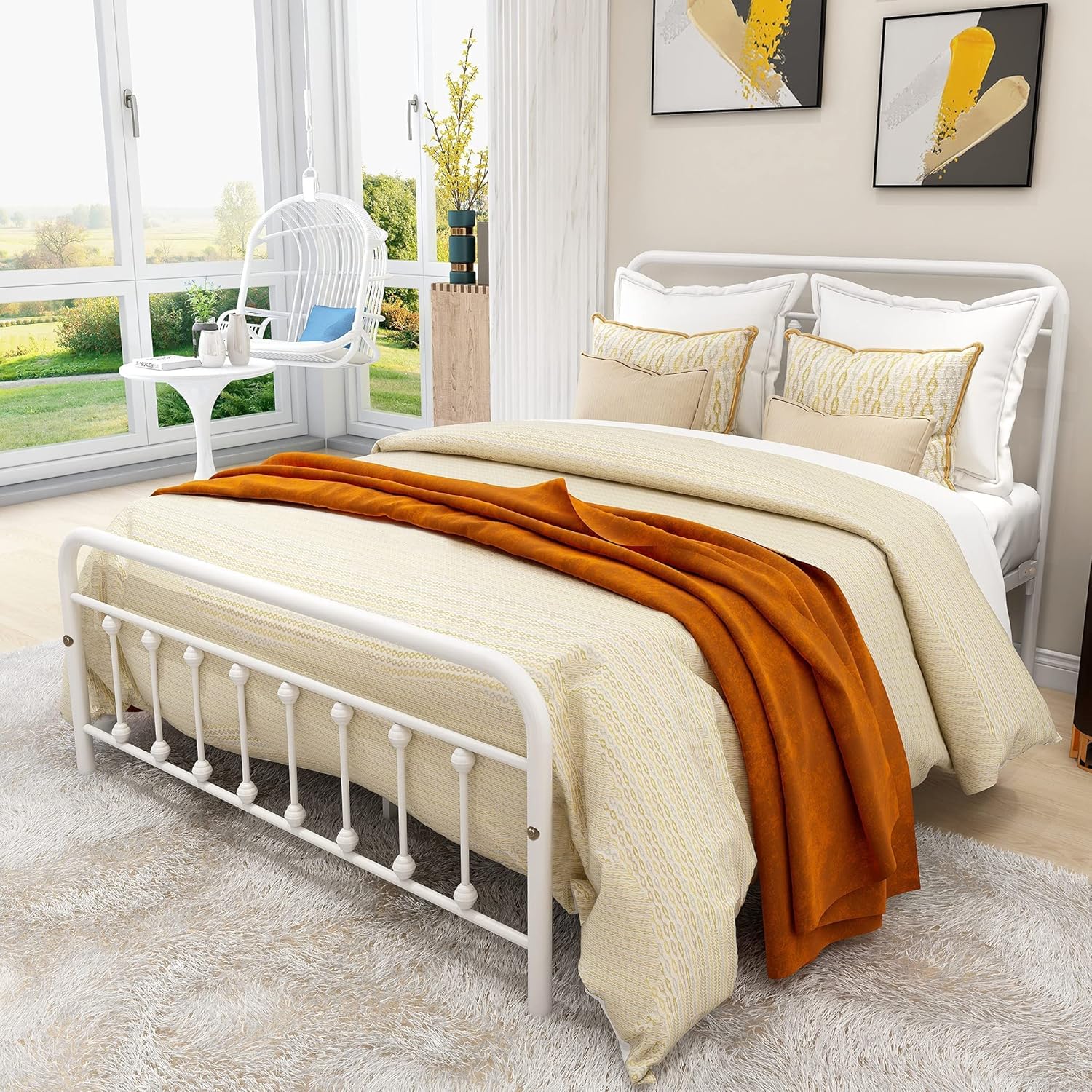 Full Size Bed Frame with Headboard and Footboard Metal Bed Frame Full/Vintage Sturdy/Mattress Foundation/No Box Spring Needed (Full, White)