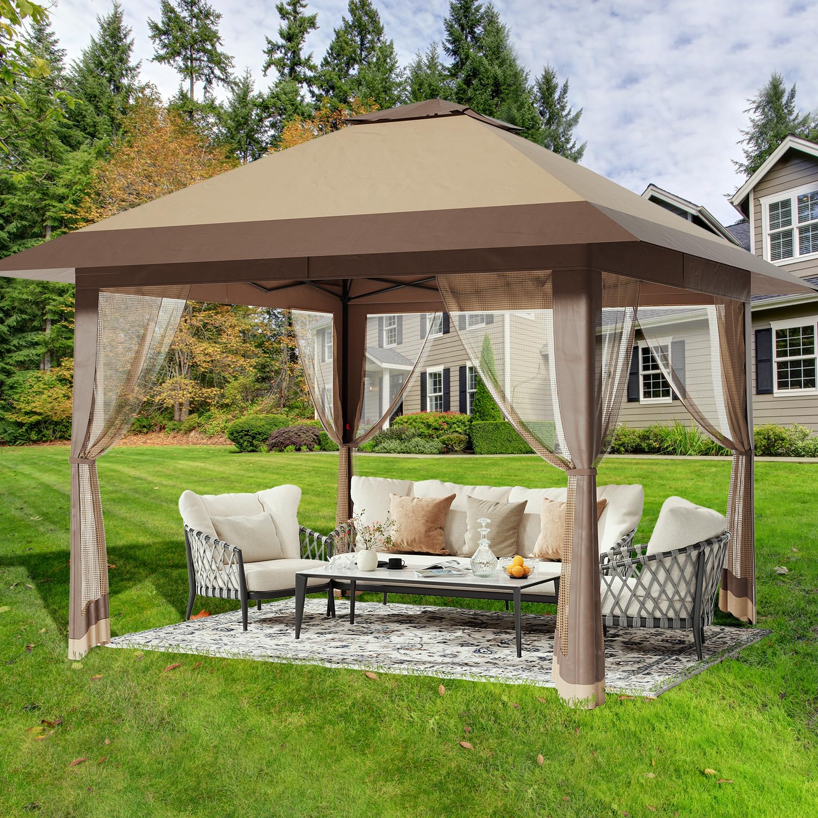 Gazebo Pop-Up 13x13 ft Esterno Con Doppio Tetto Ventilato e Zanzariera Integrata, Altezza Regolabile, Impermeabile e Protetto UV, Adatto Per Feste, Barbecue, Patio e Prato