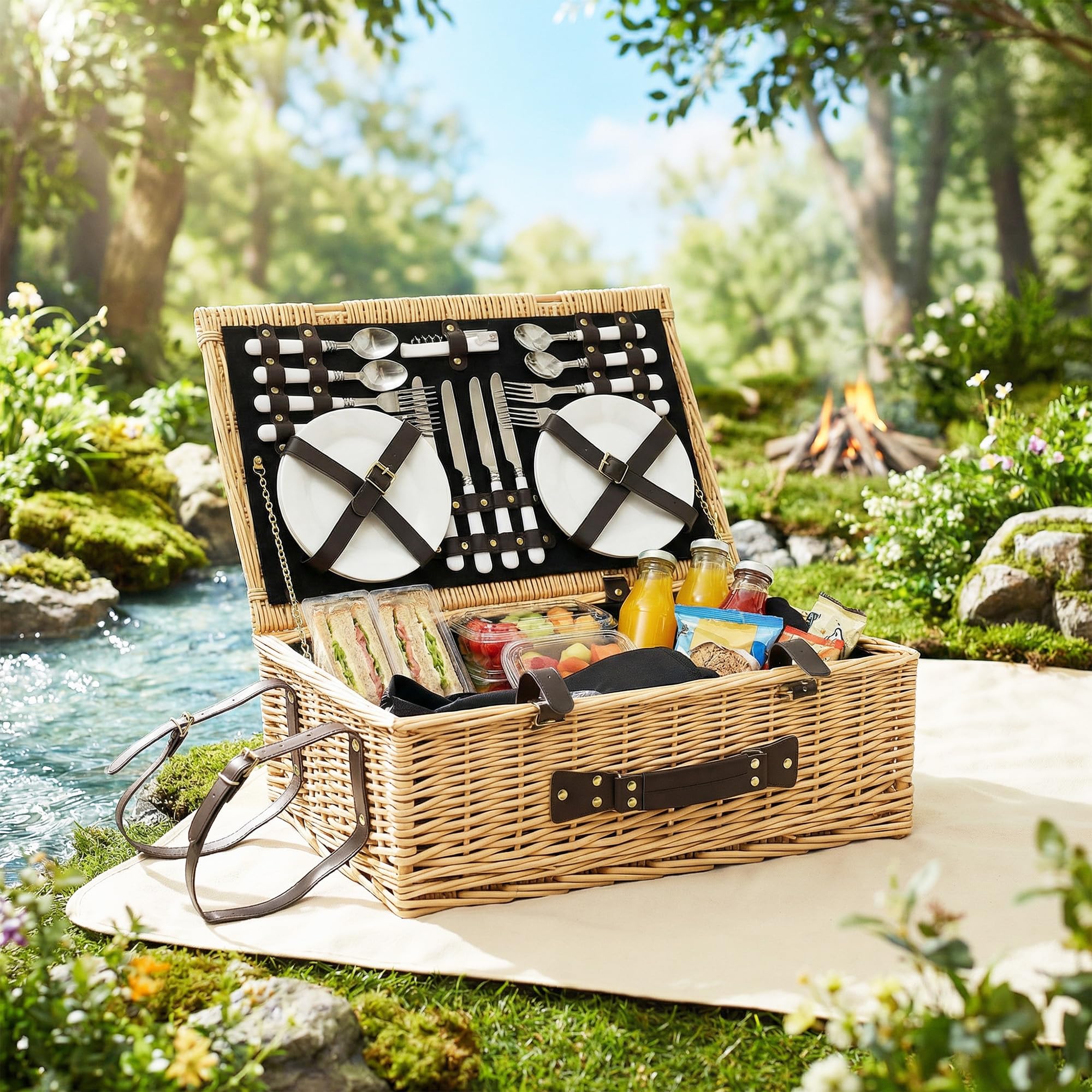 Outsunny Cestino da Picnic in Vimini per 4 Persone, Cesto Picnic con Area Frigo e Accessori Piatti, Bicchieri da Vino, Cucchiai e Forchette, Borsa per Vino, 54x34x20 cm, Color Legno