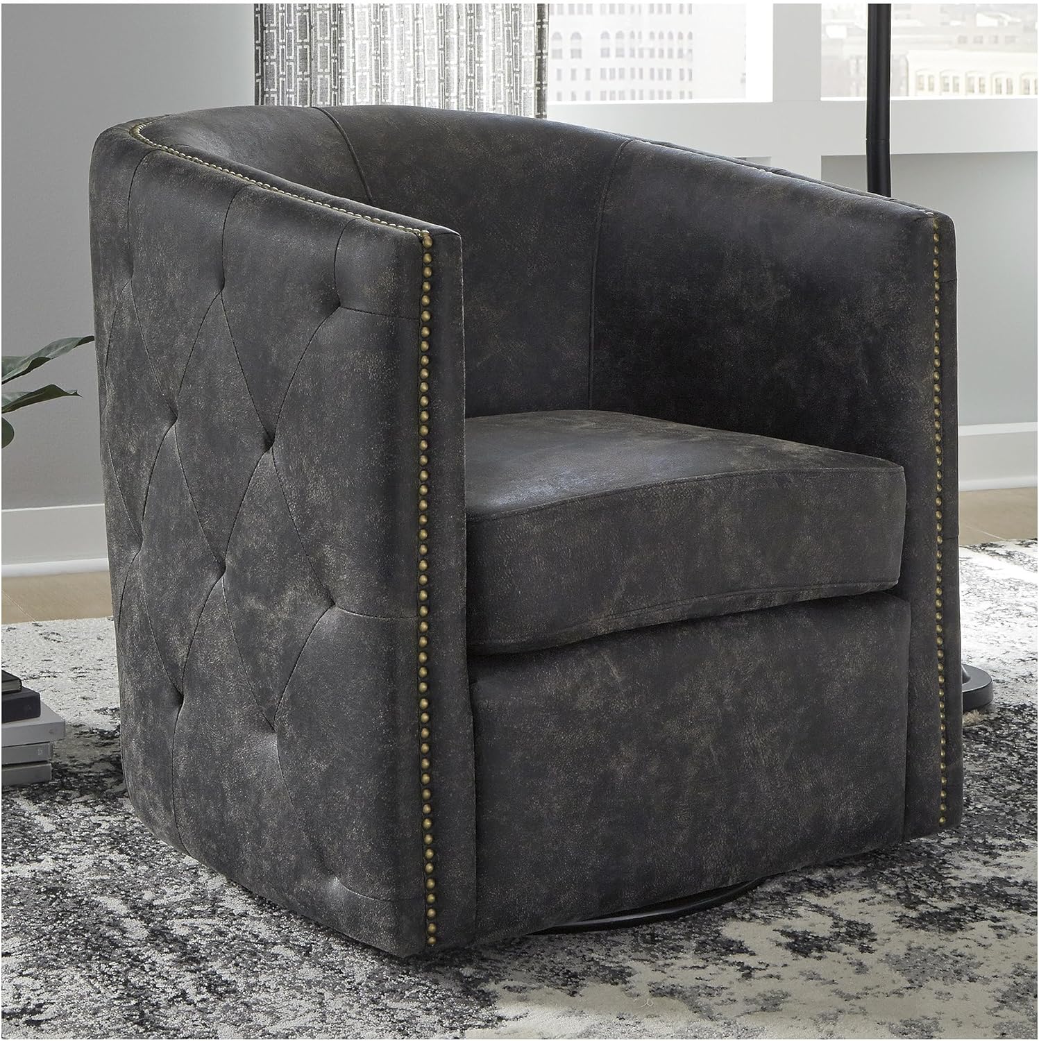 Signature Design by Ashley Brentlow Tufted Barrel Accent Swivel Chair, Distressed Black