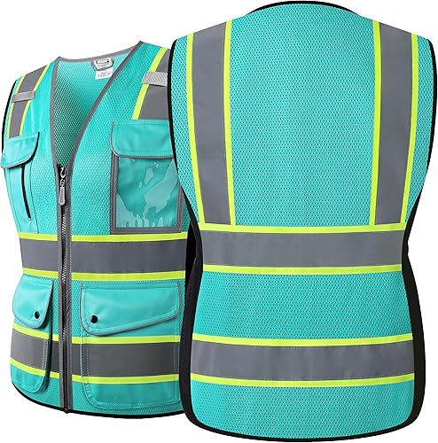 Miniatura 6 de HATAUNKI Chalecos de seguridad de malla púrpura reflectante de alta visibilidad con 9 bolsillos y cremallera frontal, chaleco de seguridad de alta