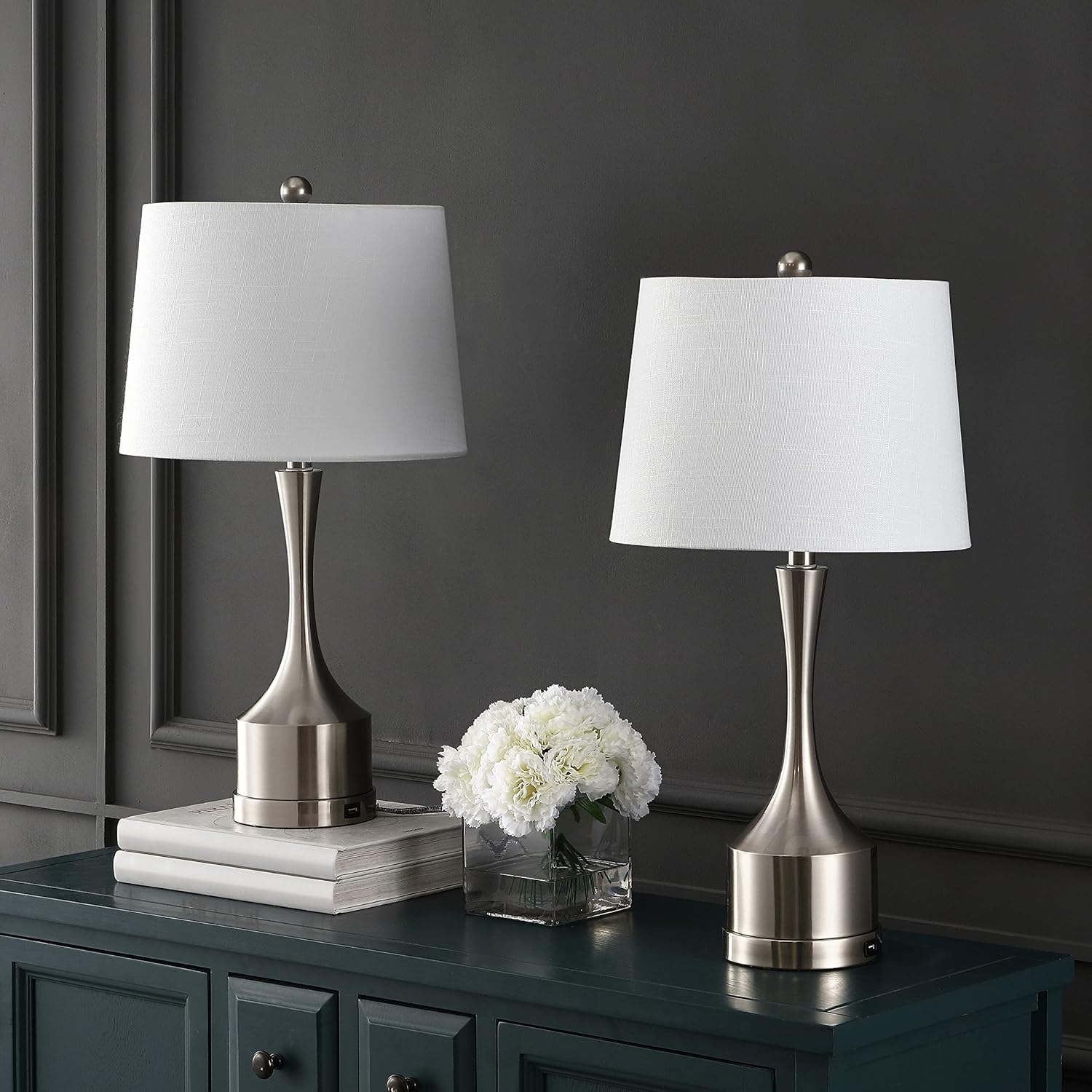 JONATHAN Y 26" Nickel Table Lamp Set of 2 with USB Charging Port, French Country Bedside Lamps for Living Room Bedroom Decor, White Linen Shade, LED Bulbs Included (JYL4045B-SET2)