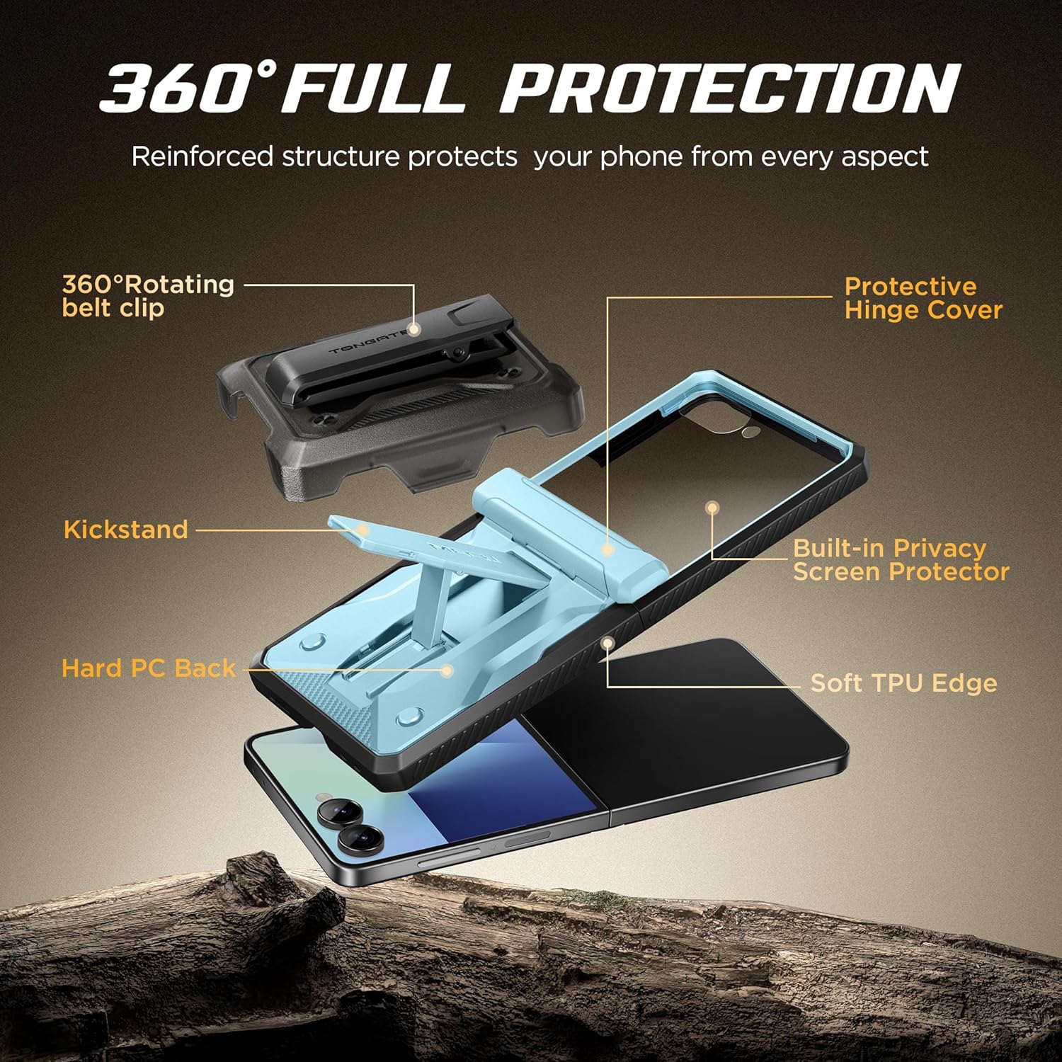 TONGATE for Z Flip 7 Case with Privacy Screen Protector, [Stand & Belt-Clip] [Hinge Protection] [Anti-Slip], Full-Body Military Grade Protective Phone Case for Samsung Galaxy Z Flip 7 5g 2025, IceBlue