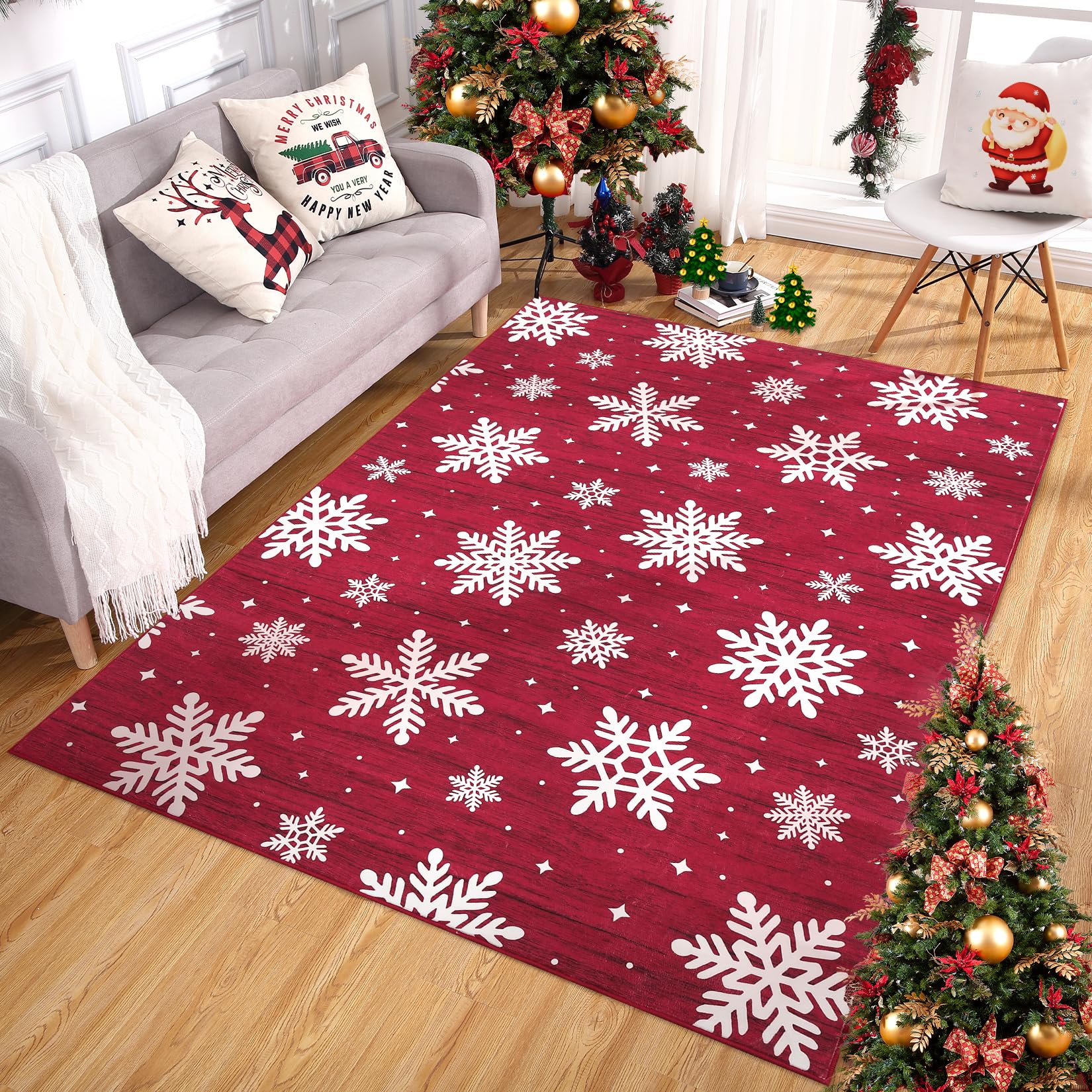 Garvee Tappeto Lavabile Natalizio per Soggiorno, Antiscivolo con Motivo Fiocco di Neve, Decorativo Pieghevole per Cucina e Camera da Letto