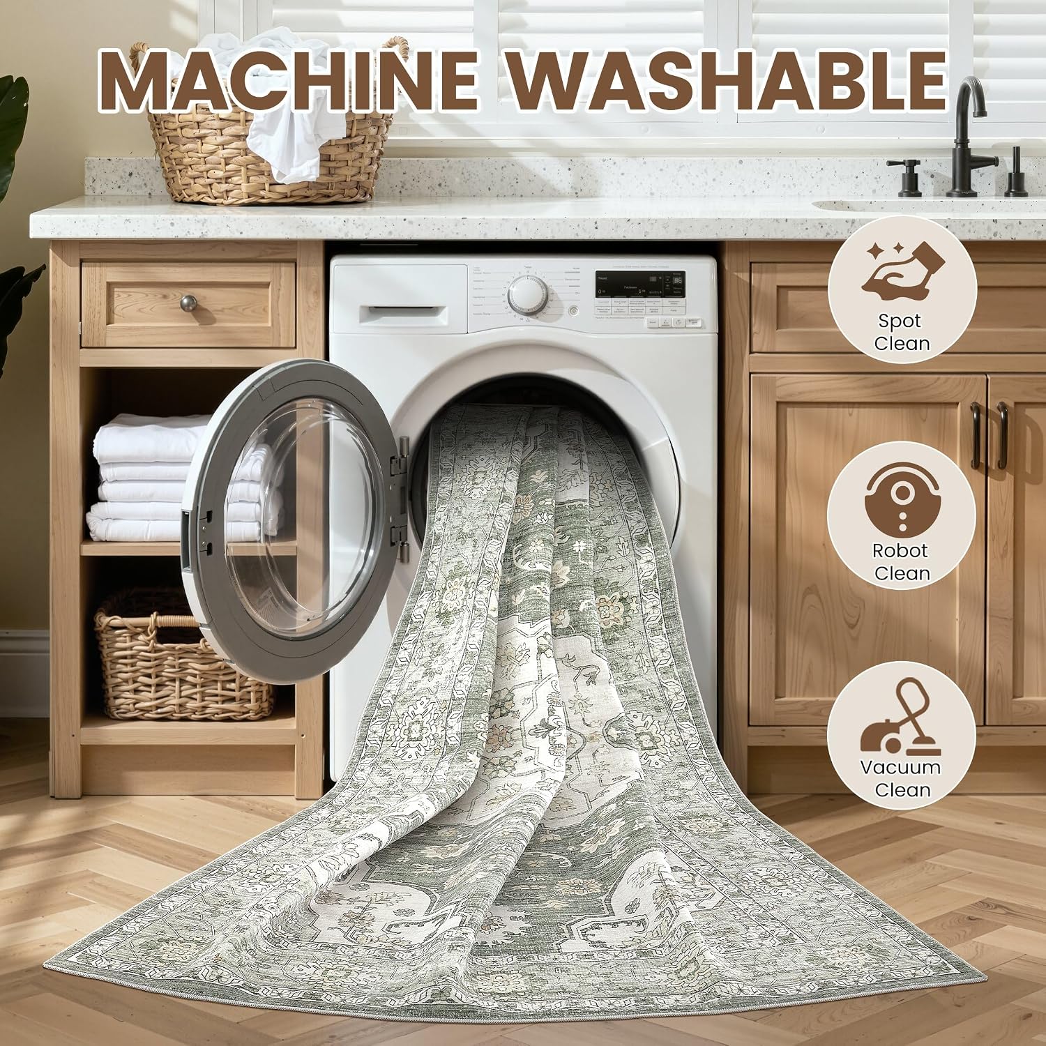 Washable Area Rug 5x7, Rugs for Living Room Vintage Carpet Farmhouse 5x7 Rugs for Bedroom Dining Room Non-Slip Stain Resistant Area Rug - Green