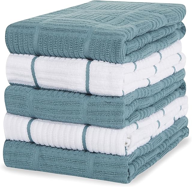 Sticky Toffee 100% Cotton Terry Tea Towel - Pack of 5, Blue Aqua Window Pane Pattern | Kitchen Hand Cloth Set | Absorbent, Strong, Quick Dry & Machine Washable | Home & Kitchen Accessories