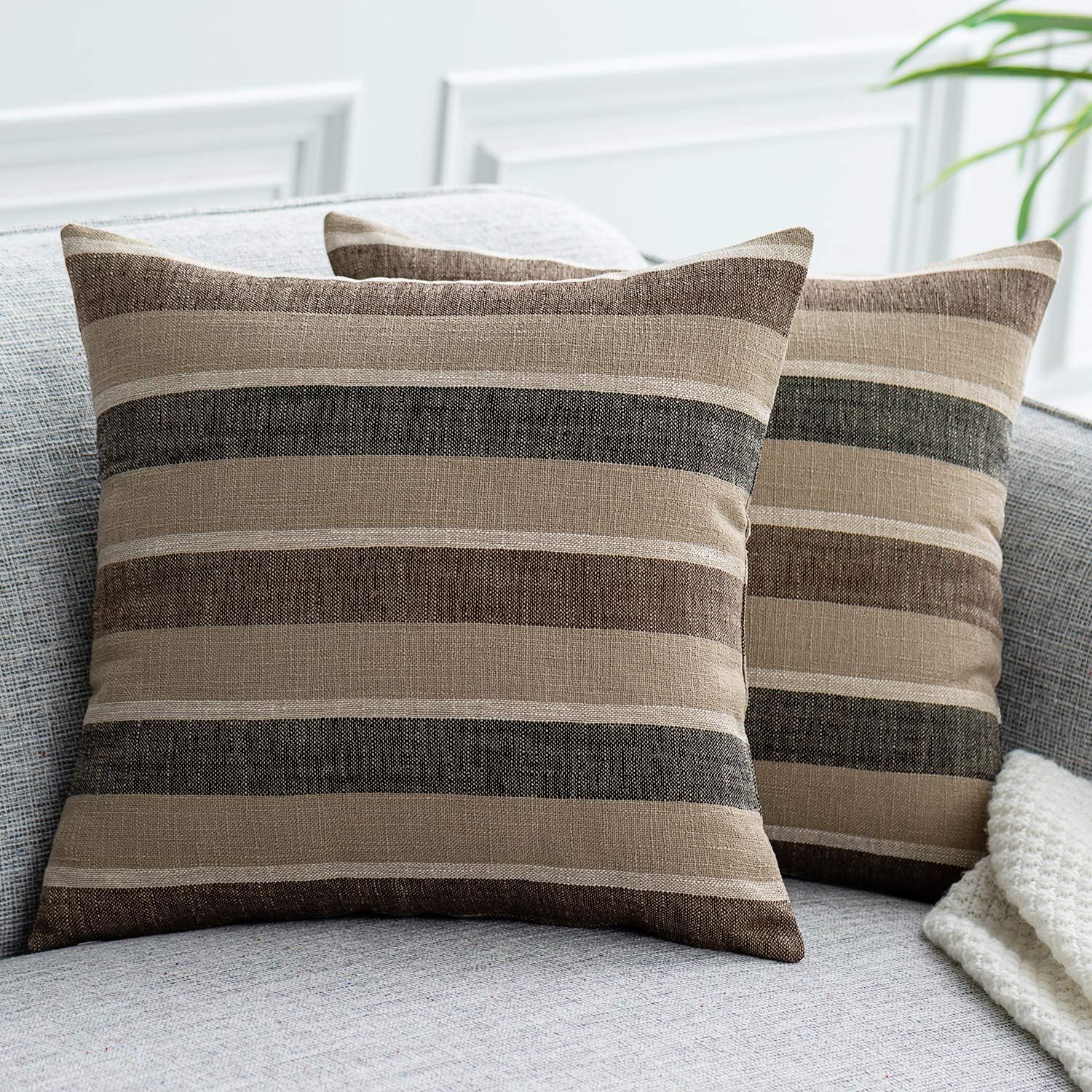 NATUS WEAVER 2 Pieces Decorative Classic Retro Stripe Throw Pillow Cover Wite Hidden Zipper Soft Linen Modern Farmhouse Cushion Case for Sofa Bedroom Car 18 x 18 Inch Black Brown Mixed