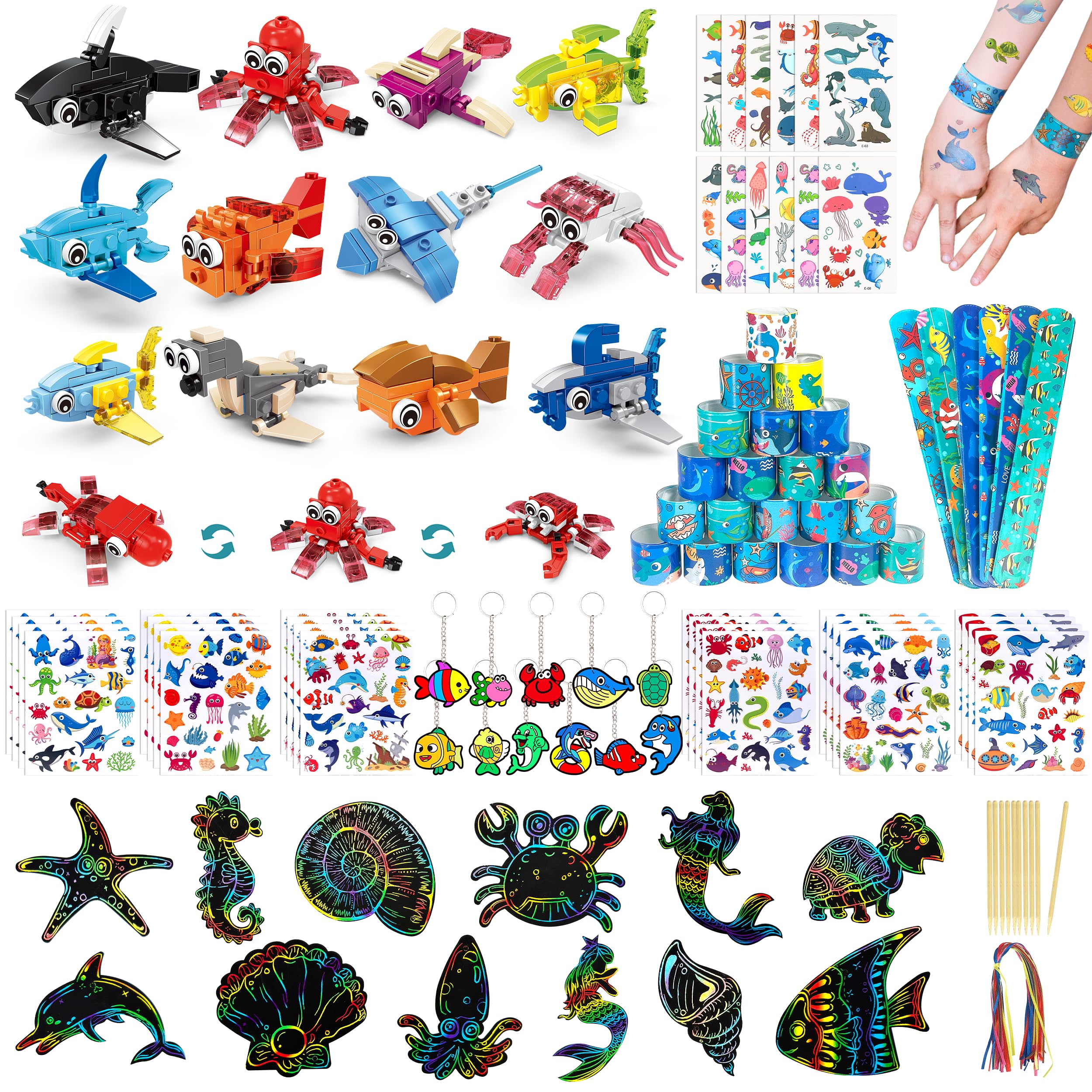 Photo 1 of LINAYE 24 Packs Ocean Party Favors for Kids - 144 Pcs Under The Sea Party Favors with Marine Animals Building Blocks, Tattoo Stickers Sheets, Slap Bracelets Goodie Bag Stuffers for Kids