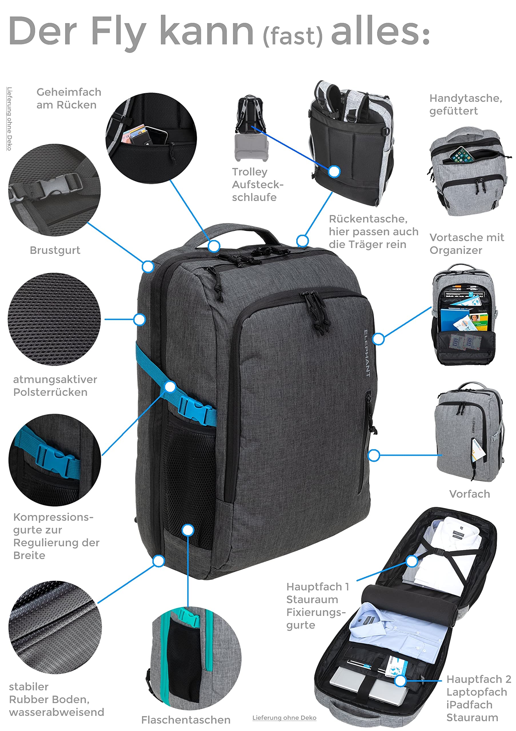 Elephant Rucksack Handgepäck Reise Fly 45 L Laptop Fach 12900 Dunkelgrau | Legends XL Flugzeug Bus Reiserucksack Tasche Laptop Fach Anti-Theft Tasche Dunkelgrau Schwarz