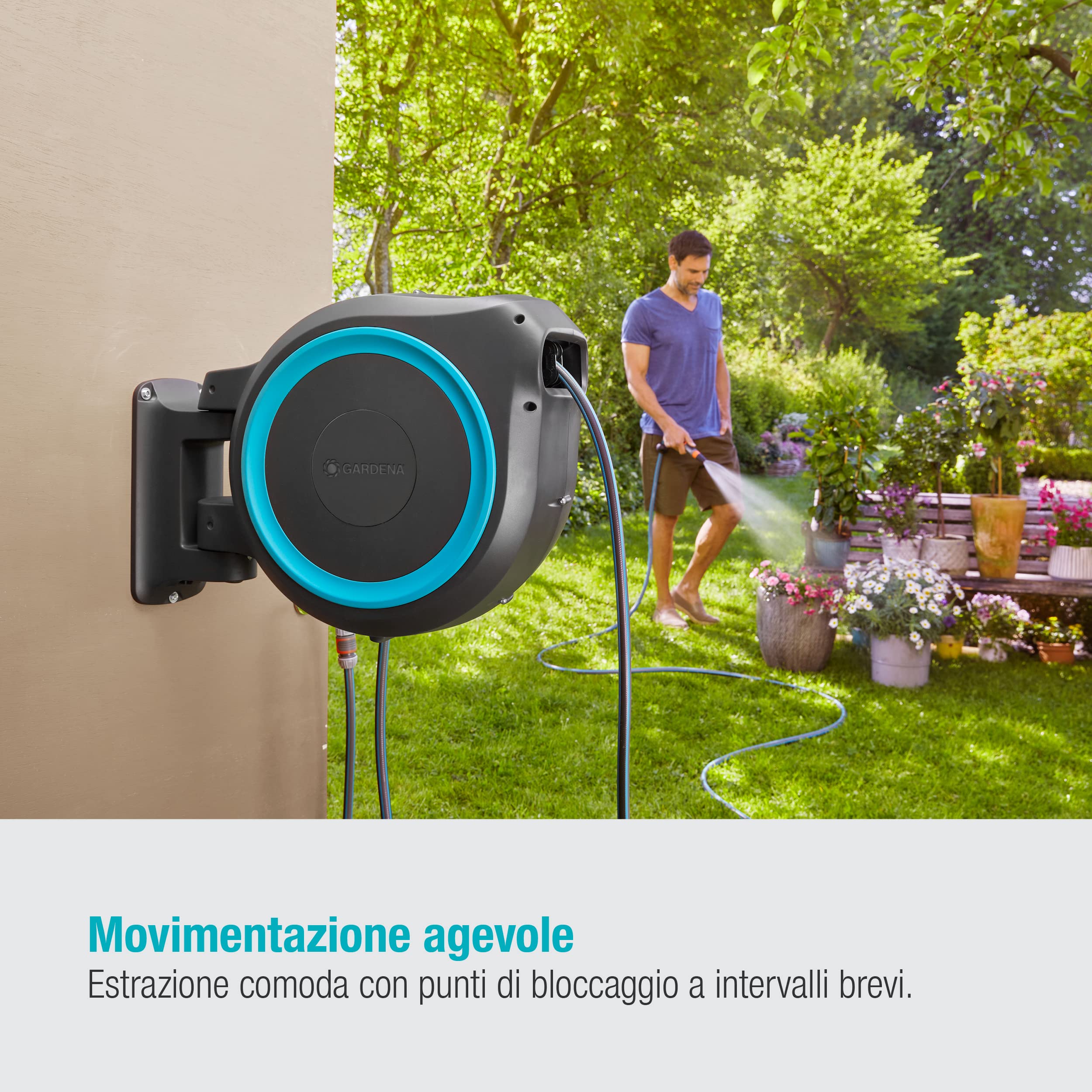 Gardena Avvolgitubo da Parete RollUp M/L: incluso Tubo da Giardino 25 m con Lancia e Raccordi, Avvolgimento Automatico, Ruotabile di 180 gradi, per Giardini Medi, Azzurro (18620-20)