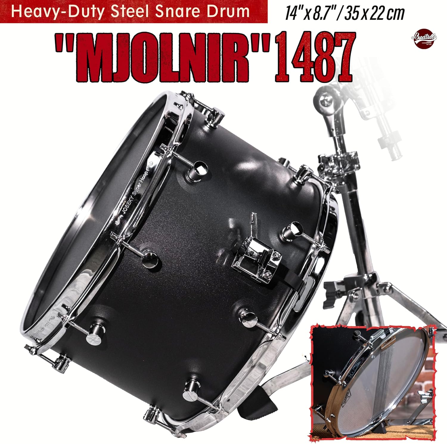 MJOLINR 14 x 8.7" Ultra Deep Snare Drum - Carbon Steel Shell with 3mm Extra Thick Triple-Flanged Hoops, Professional Heavy-Duty Percussion with Precision Steel Lugs - High Volume & Projection