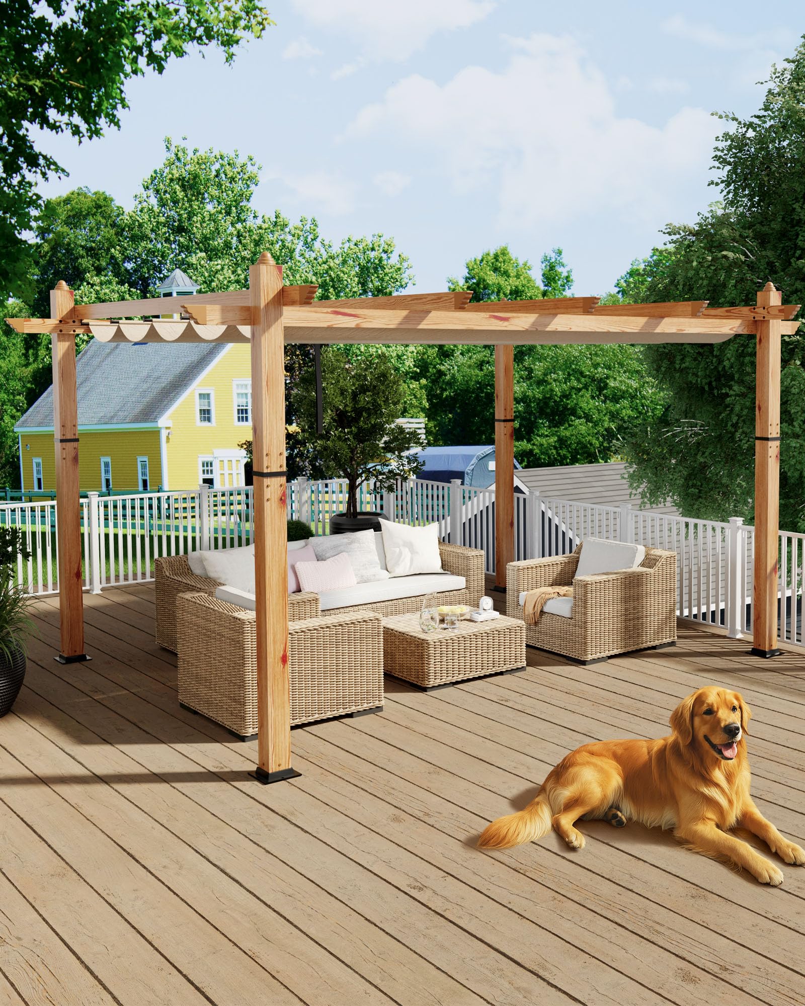 KYBOLT 10x13 Ft Outdoor Pergola with Retractable Canopy Upgraded Aluminum Faux Wood Grain Patio Pergola for Modern Backyard Deck Porch Grape Trellis(Khaki)