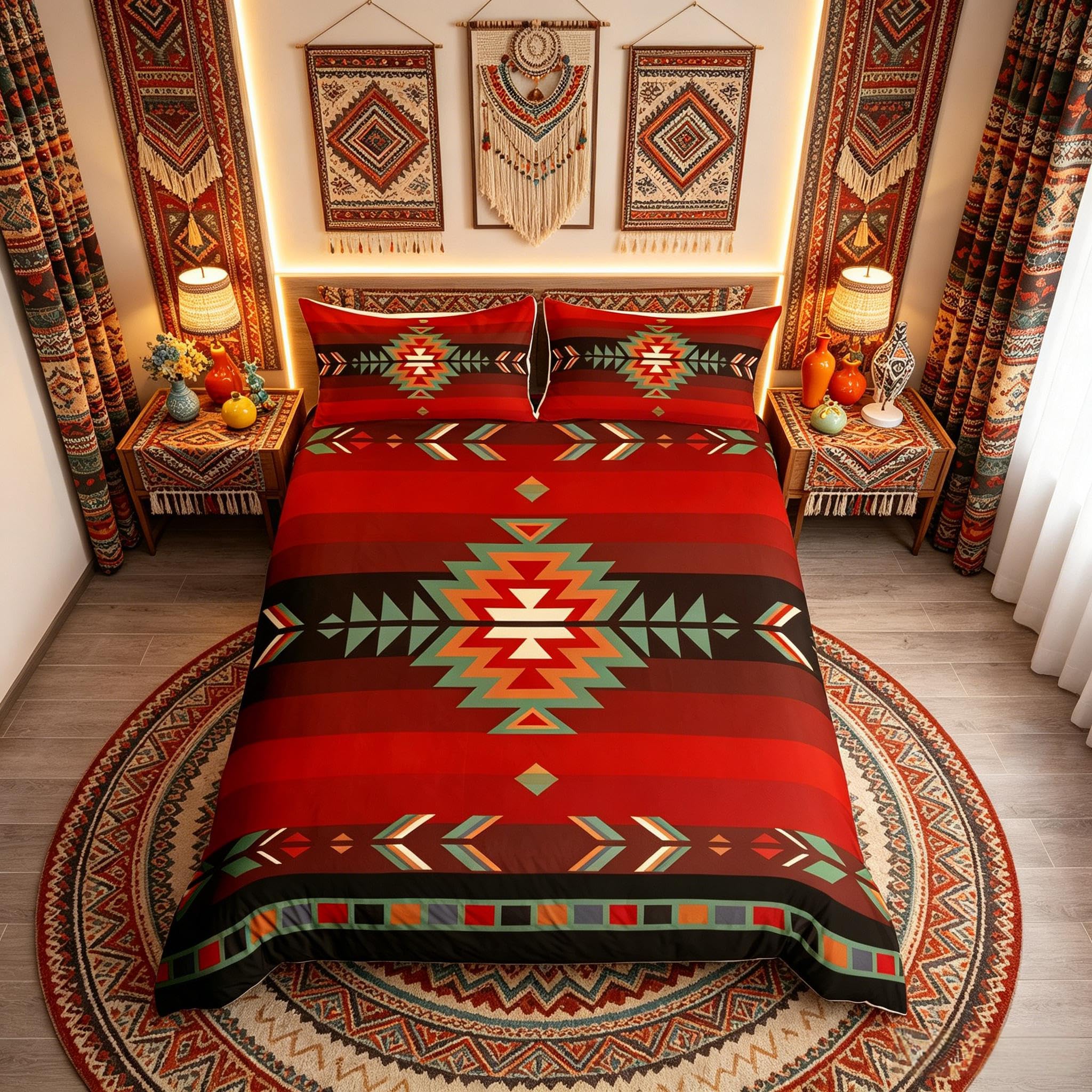 richhome Southwest Native Design Bed Cover Boys Girls Southwestern Geometric Duvet Cover for Kids Soft Tribal Bedding Set Red Green 3Pcs Double