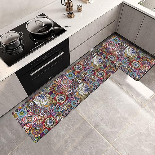 Miniatura 3 de Juego de 2 tapetes de cocina con diseño de mandala estilo bohemio para cocina, tapetes de cocina con diseño floral, antifatiga, antideslizantes,