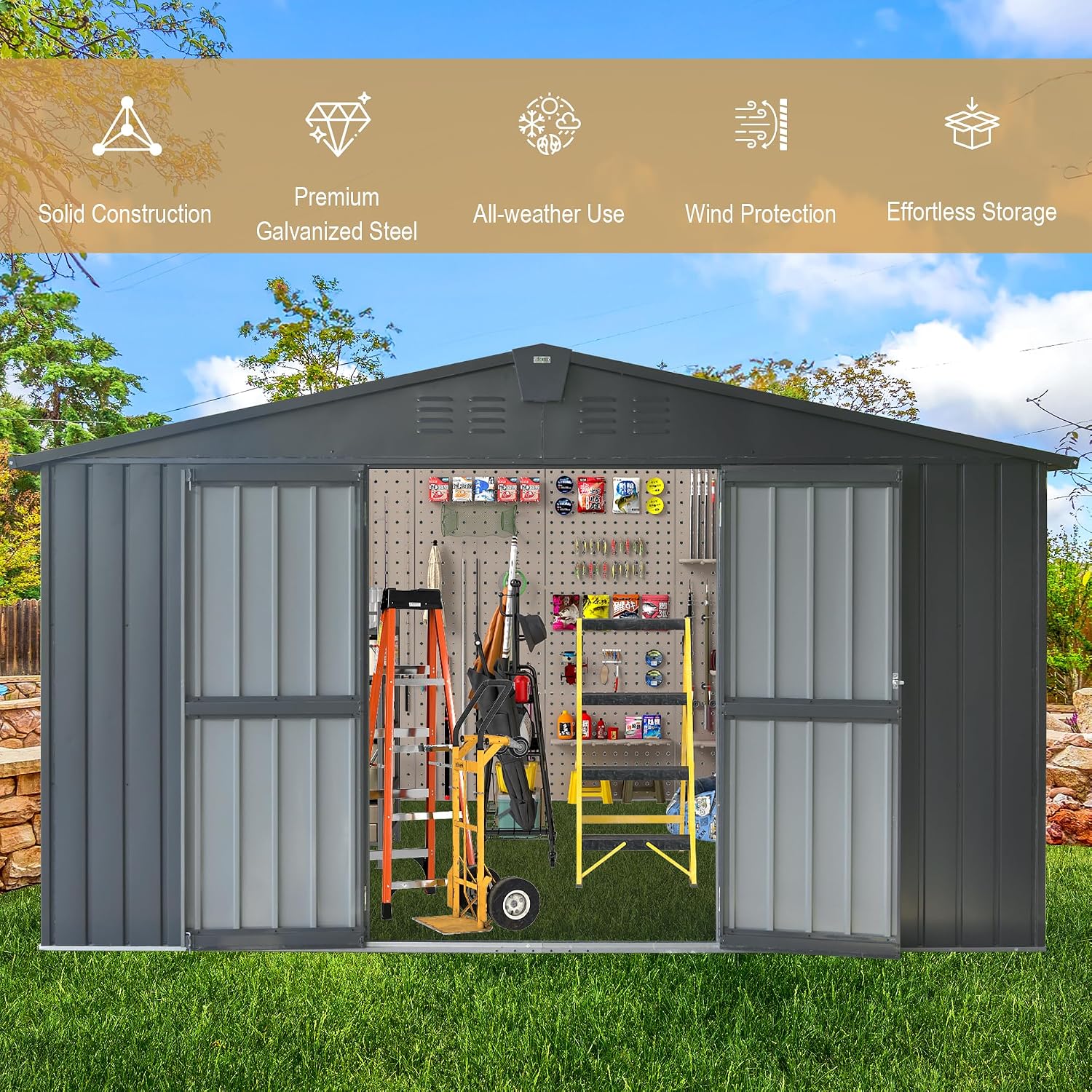 Domi Outdoor Storage Shed 11’ x 9’, Metal Sheds with Galvanized Steel Frame & Windows & Lockable Door, Garden Shed Tool Storage Room for Patio(Dark Gray)