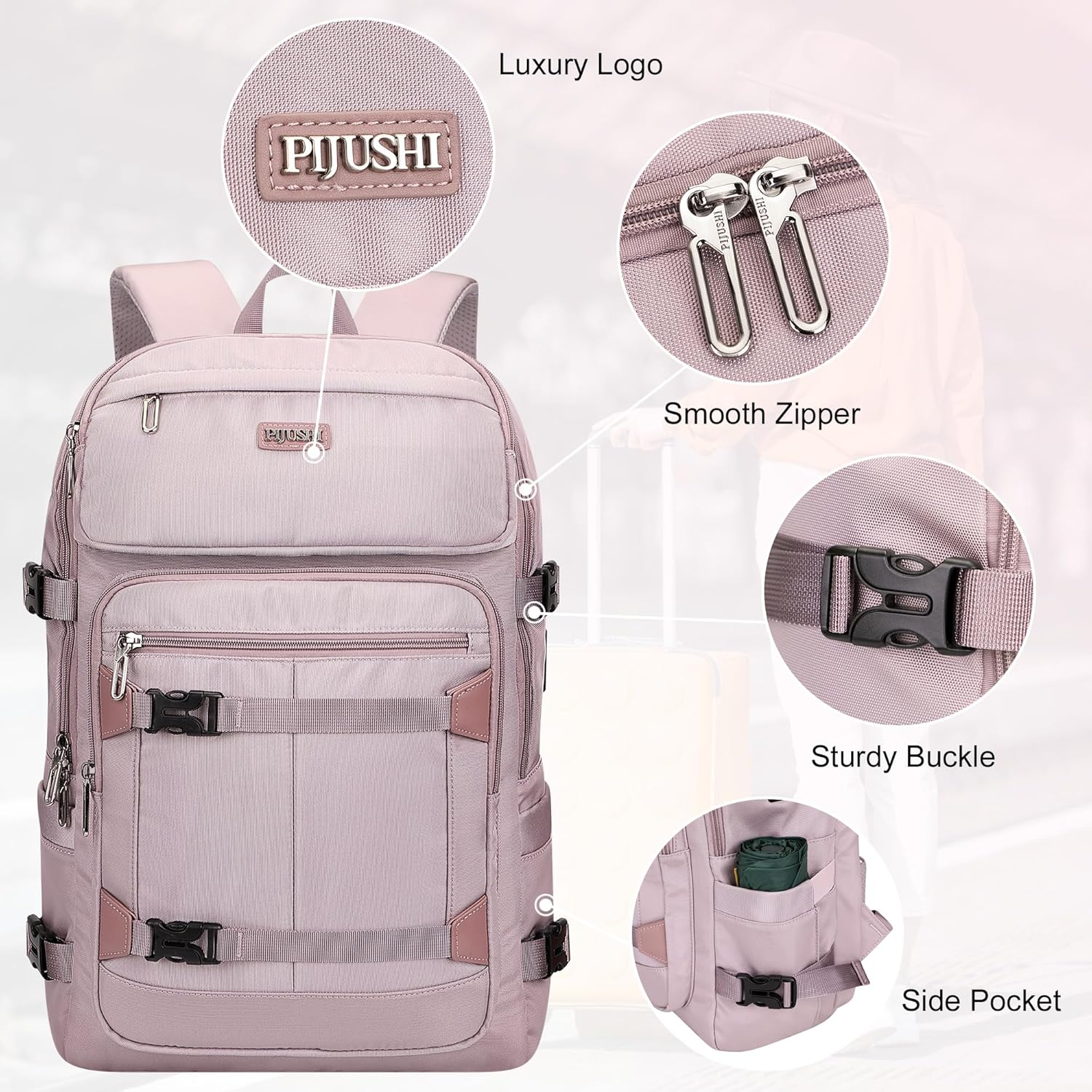 PIJUSHI Travel Backpack for Women Flight Aprroved Carry on Bag Large Casual Luggage Backpack Fit 16 inch Laptop(PE050 Ashen Purple) - Image 8