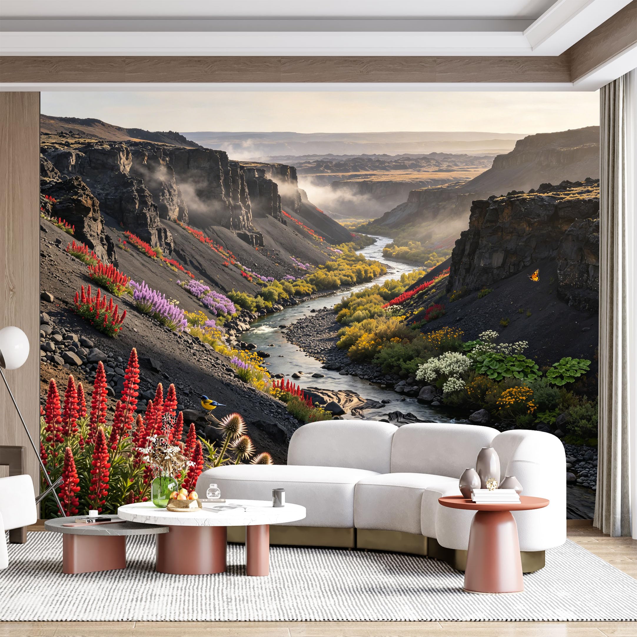 Custom Size Wall Mural Vivid Canyon River Wildflowers Landscape Panoramic Waterfall SelfAdhesive Wall Fabric Removable for Home Office Decor