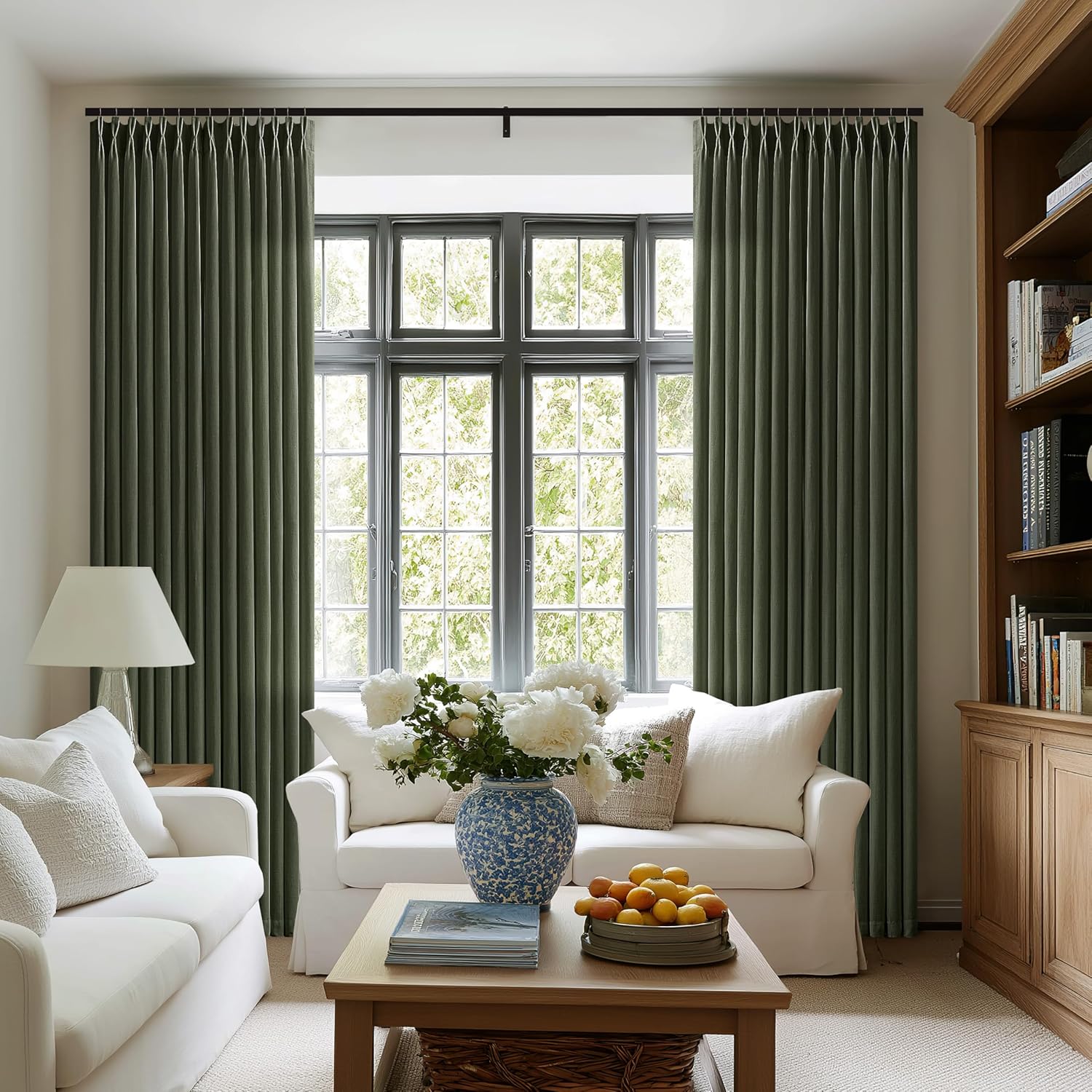Dark Green Linen Curtains 96 Inches Long Memory Shape Trained Pinch Pleated Curtain for Living Room with Hooks Rings Back Tab Pinch Pleat Curtains 96 Inch Length for Bedroom Dining Room Rifle Green