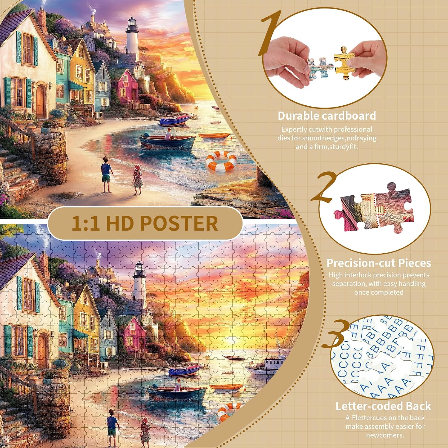 500 Piece Jigsaw Puzzle for Adults, Sunset Coastal Town with Lighthouse Colorful Houses and Beach Scene, Ocean Puzzle for Family Game Night and Home Decor, 20.5 x 15 in