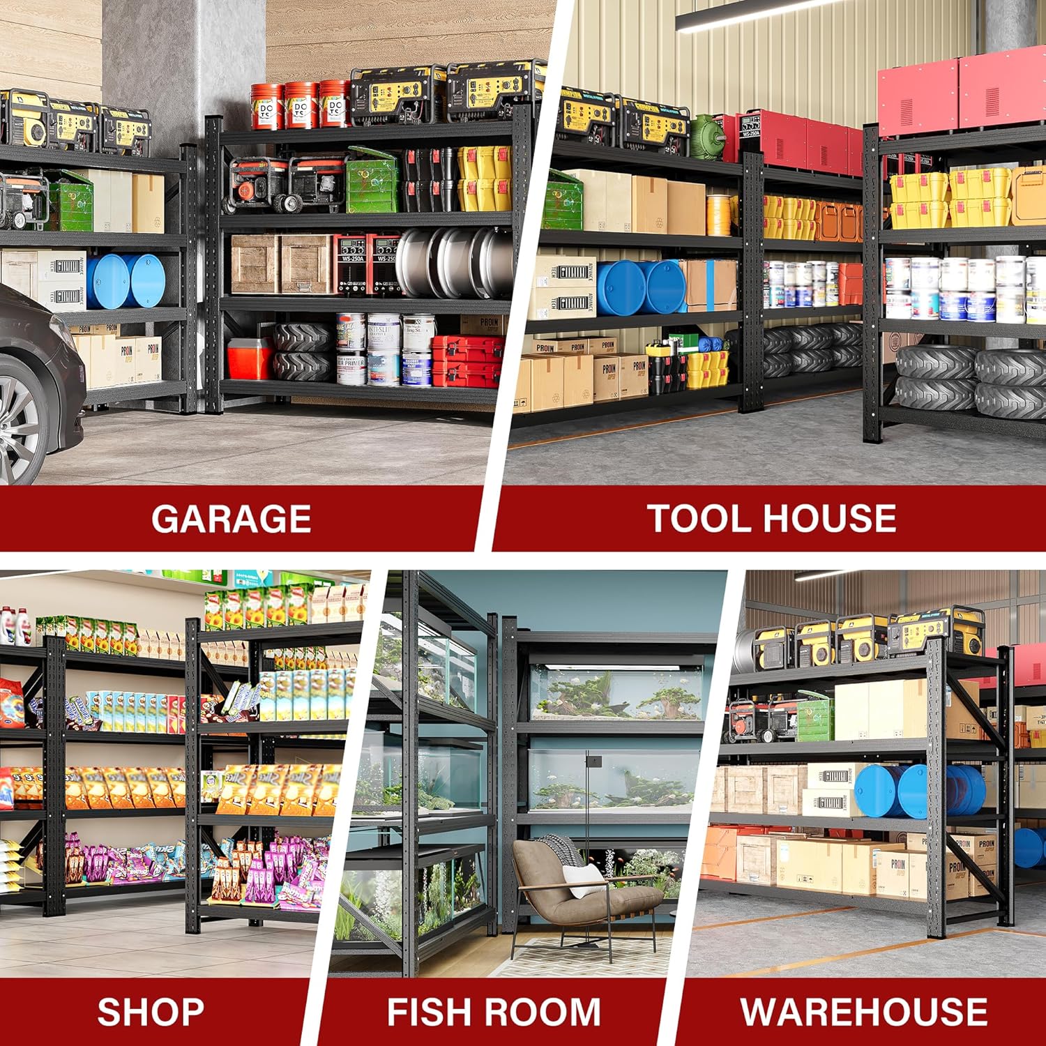 7000LBS Heavy Duty Garage Shelving Units,79" Wide & Deep Storage Shelves,Black Metal Garage Shelves,Large Storage Rack,Steel Shelf,Industrial Shelving for Shop,Warehouse,Basement,79" W x 24" D x 79" H