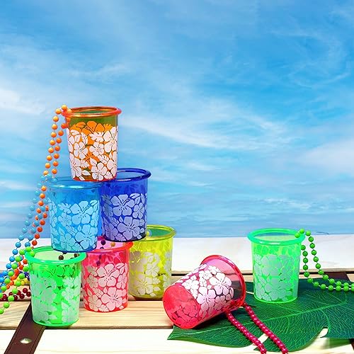 Miniatura 5 de Fun Express Collares hawaianos de cristal de chupito Luau a granel, 12 unidades de hibisco hawaiano Luau, recuerdos de fiesta hawaiana, Hula Aloha