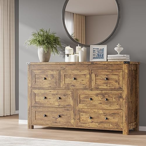 Miniatura 31 de Cómoda de 6 cajones, cofre de almacenamiento de madera moderno con cajones, soporte de TV para cómoda, organizador de cajones de madera con manijas