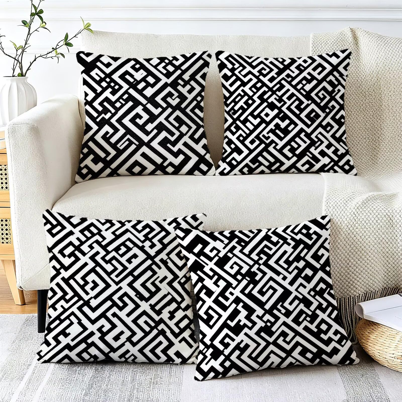 Cojines Exterior En Blanco Y Negro Funda Almohada 45x45 Juego de 4, Cod-400