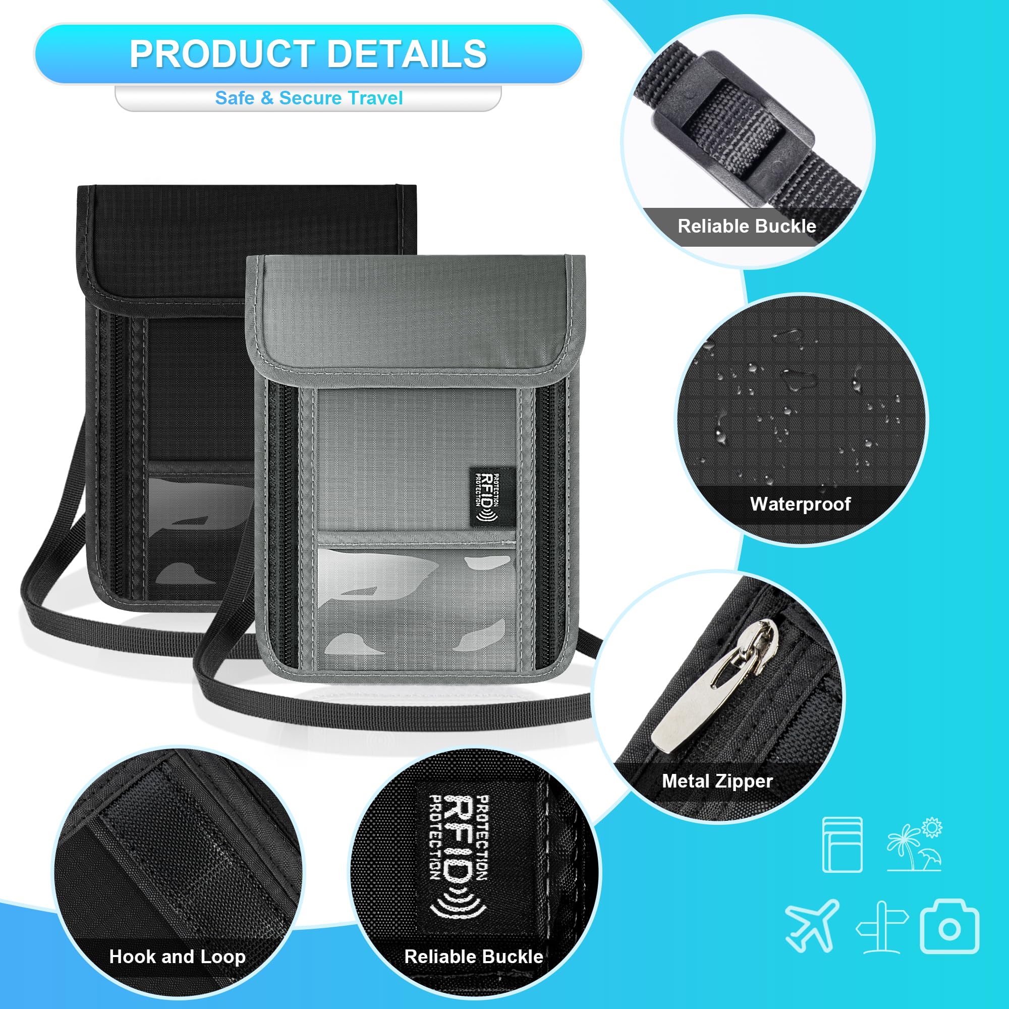 Pochette Tour de Cou Voyage Accessoires avec Bloqueur RFID Protege Passeport Portefeuilles