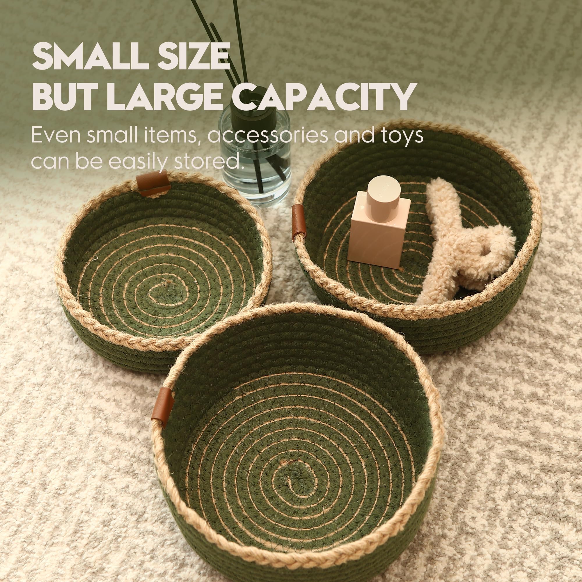 Sea Team 3-Pack Round Cotton Rope Baskets Jute Braided Portable Storage Set, Green - Image 5