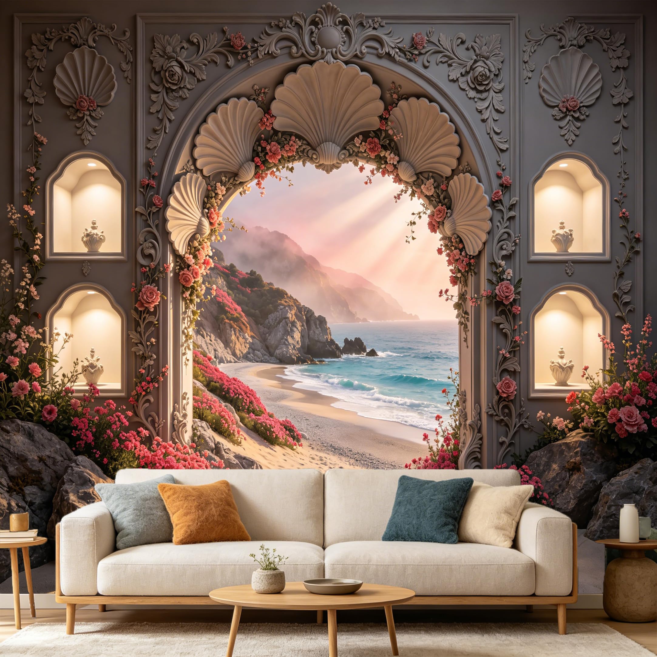 Custom Size Wall Mural， 3D Coastal Ocean View Floral Archway Neoclassical， SelfAdhesive Art Prints wall Fabric Removable Large Wallpaper Home Living Room Decor Aesthetic
