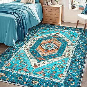 SERISSA Area Rug 3x5 Boho Blue Rugs for Bedroom, Washable Non-Slip Kitchen Rugs, Ultra Soft Print Distressed Tribal Entry Rug Low-Pile Throw Rug Carpet for Bedroom Nursery Living Room Dorm Decor
