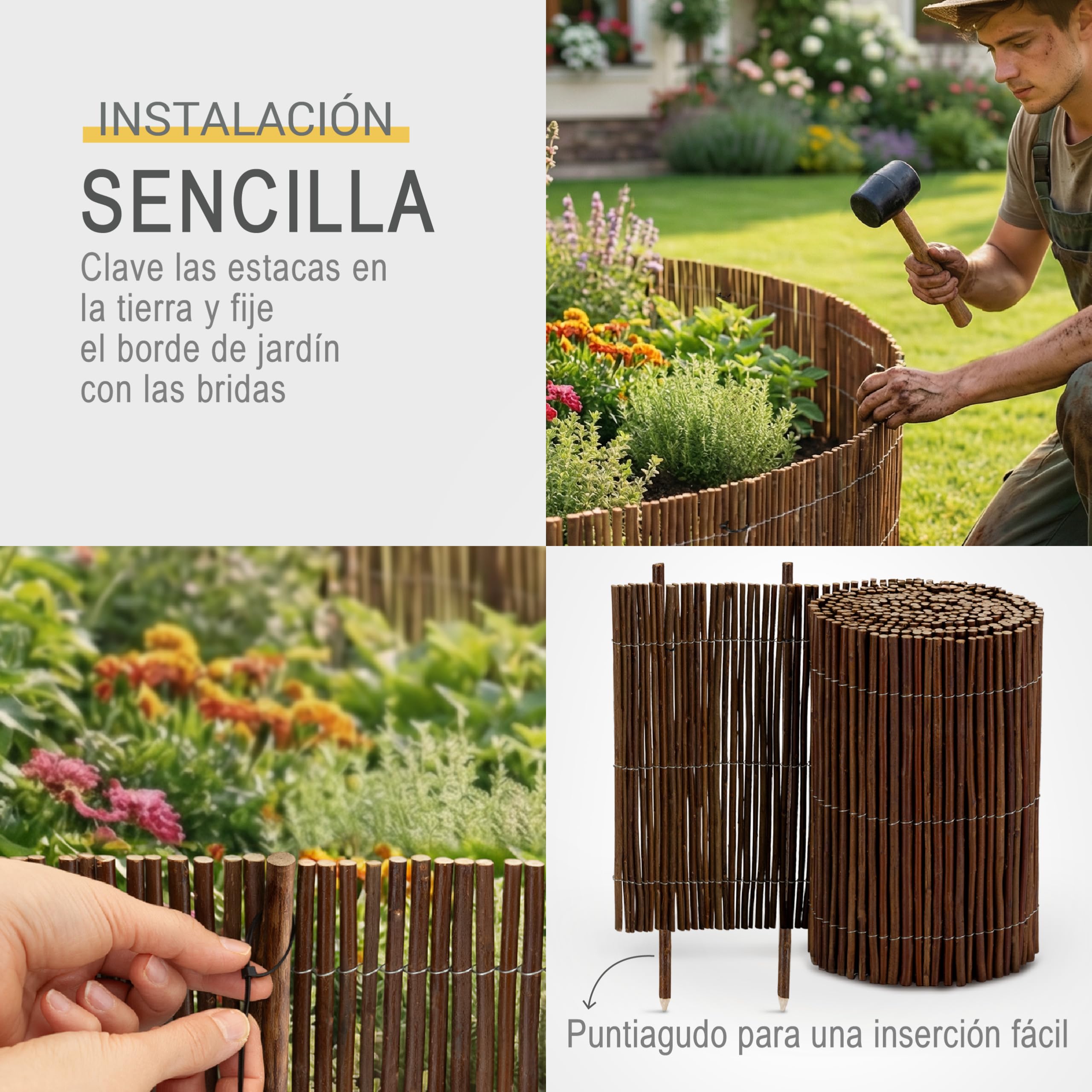 Sol Royal Bordura Jardin Exterior de Mimbre 40 cm Alto – Vallas Jardin Flexible con 7 Estacas y 14 Bridas – Borde Exterior Separador 40x300 cm – WB79