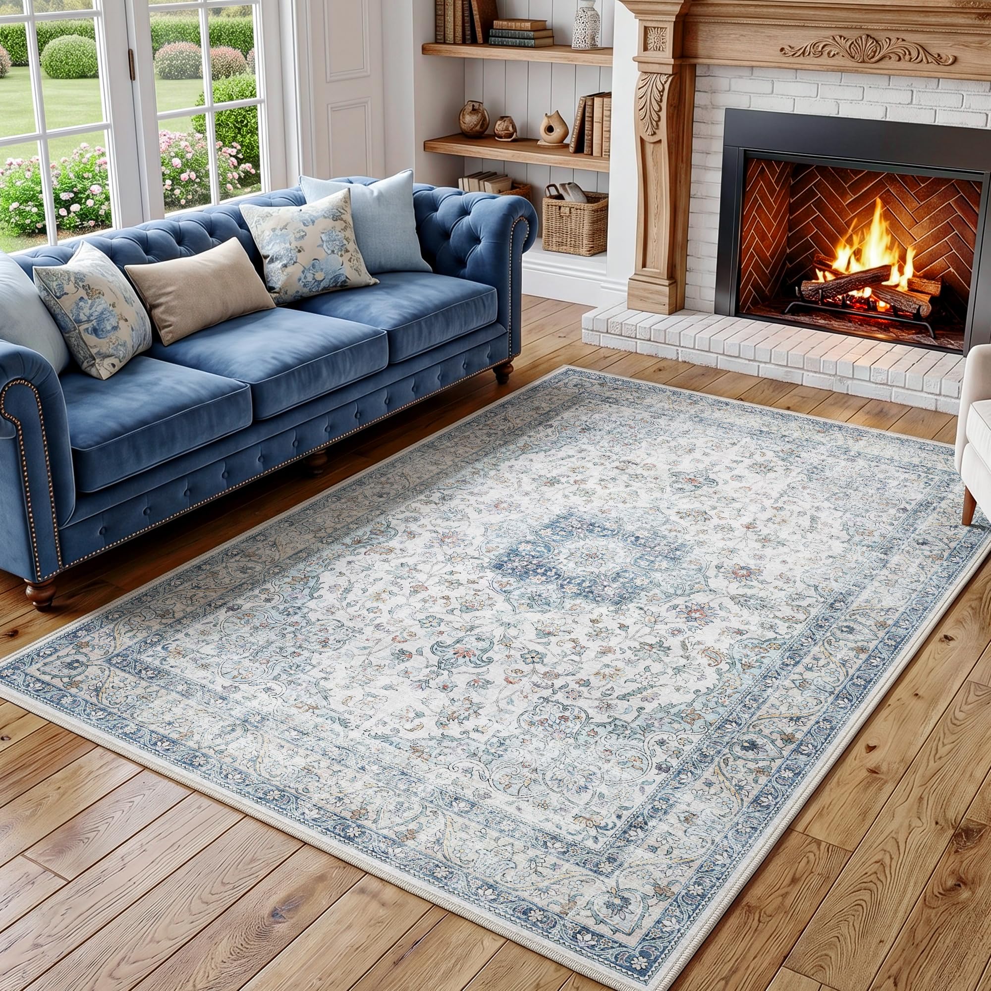 Beauoop Washable Area Rug Blue Neutral 160x230 cm Vintage Non Slip Low Pile Distressed Traditional Indoor Carpet for Living Room Bedroom Soft Retro Mat Thin Rug for Dining Office Kitchen Dorm Entryway