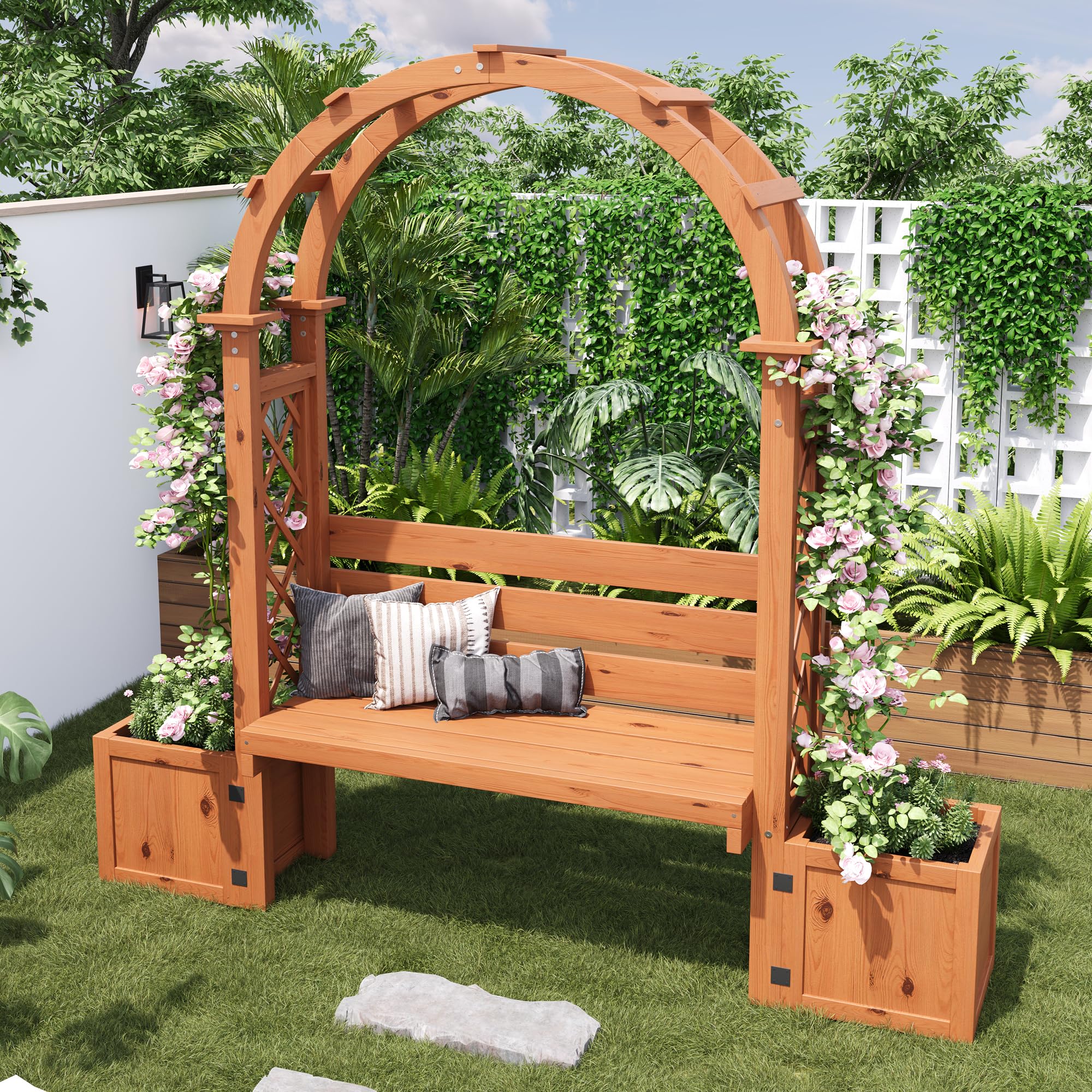 Blumenkasten mit Rankgitter, Pflanzkasten als Sichtschutz für Hof | Für Garten Balkon, Outdoor Pflanzkübel Pflanzgefäß aus Holz, Blumenkübel mit Spalier für Terrasse, 160x160x30,5 cm, Natur